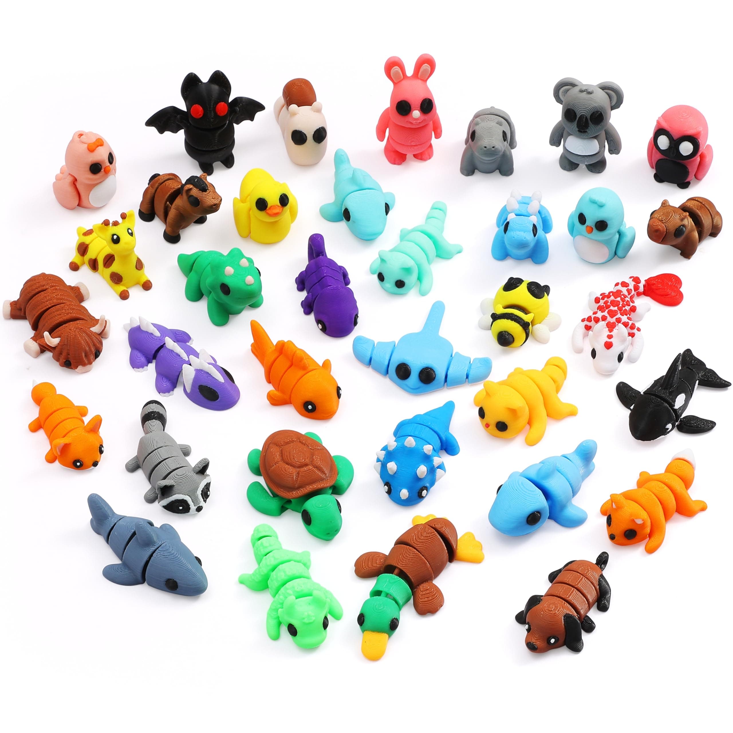 MONJITA 35 pcs Mini 3D Printed Animal Figurines, Flexible Articulated Fidget Wigglitz Toys, Cute Desk Decor, Party Favors, Goodie Bag Stuffers, Gifts for Kids Students Carnival Prizes Rewards (35pcs)