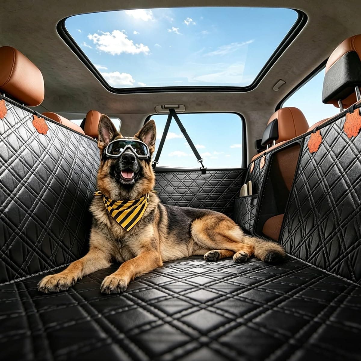 JOYTUTUS Back Seat Extender for Dogs, PU Leather Dog Car Seat Cover for Back Seat with Hard Bottom, Dog Hammock with Mesh Window, Dog Car Seat Cover for Sedans SUVs Small Trucks, Holds 440 lbs