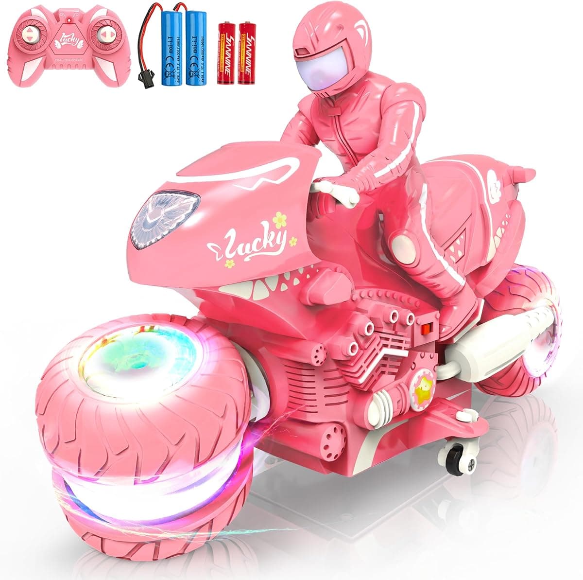 Remote Control Motorcycle for Girls with RGB Wheels Lights, RC Motorbike Toy, 360° Rotations, 55 Min Play, Stunt Motocross with Rider, 2.4Ghz RC Dirt Bike Birthday Xmas for Girls 4-12 (Pink)