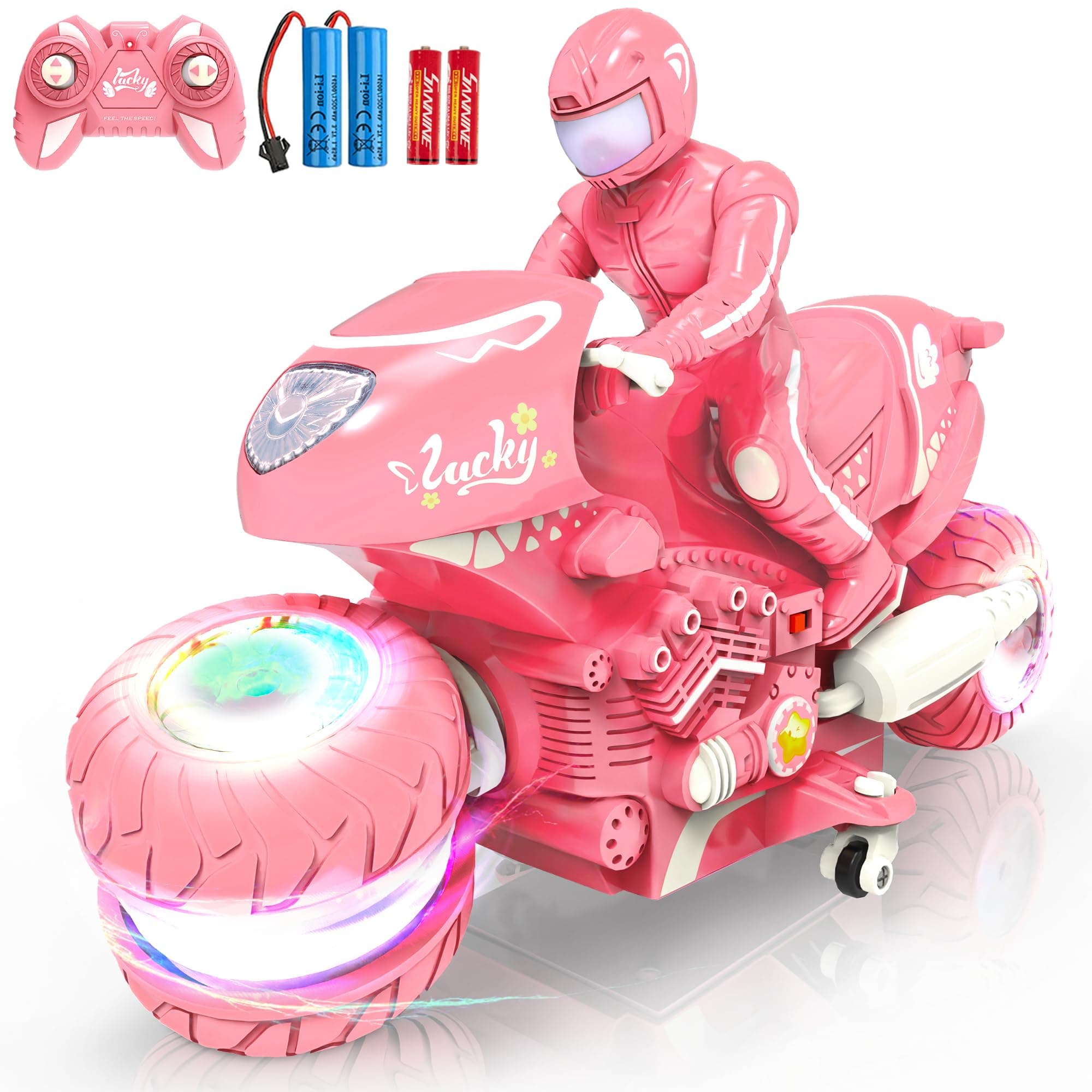 Remote Control Motorcycle for Girls with RGB Wheels Lights, RC Motorbike Toy, 360° Rotations, 55 Min Play, Stunt Motocross with Rider, 2.4Ghz RC Dirt Bike Birthday Xmas for Girls 4-12 (Pink)