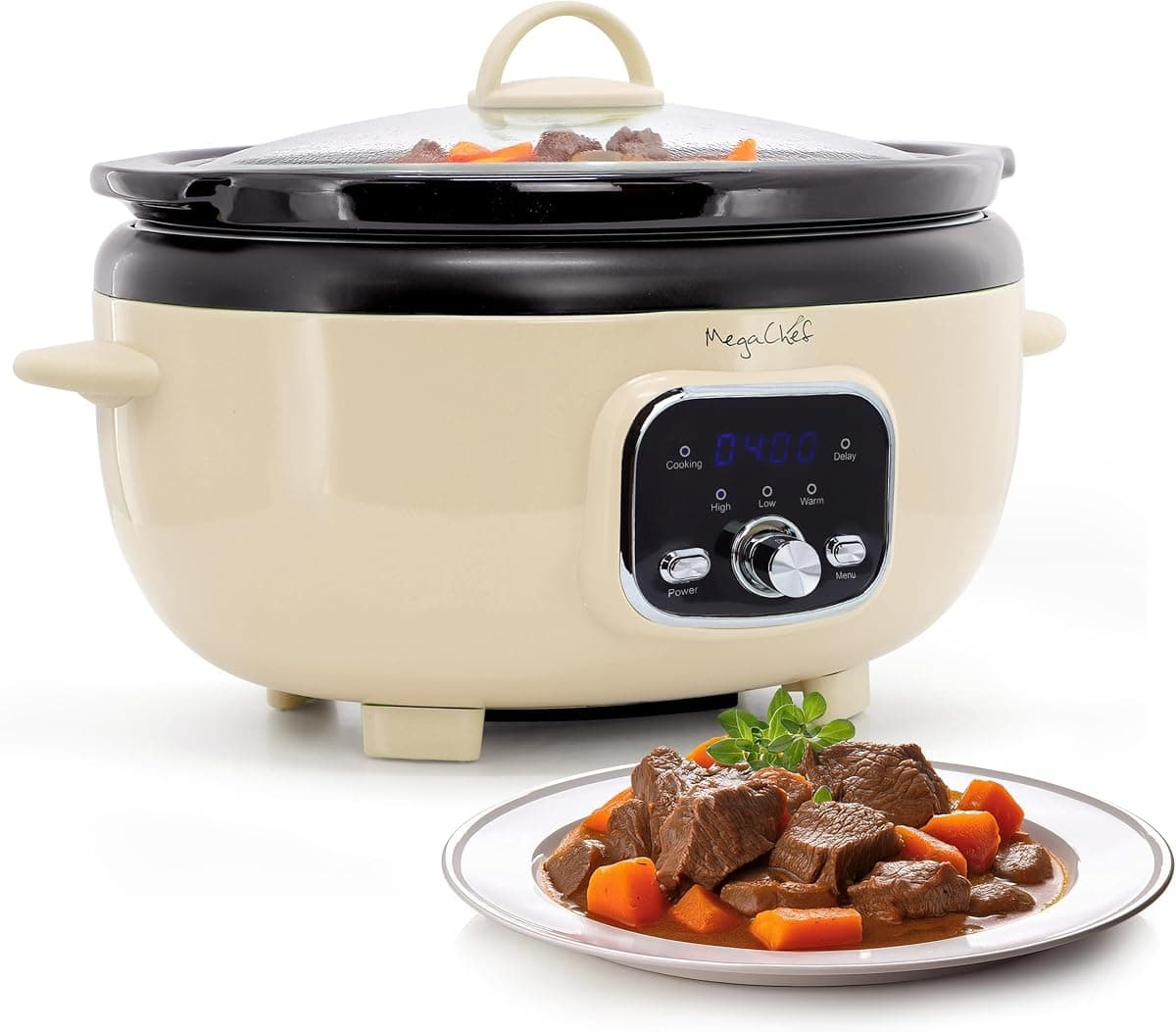 MegaChef 3.7 Quart Oval Electric Digital Slow Cooker with Black Stoneware Crock, Adjustable Timer & Temperature Control, Delay, High, Low & Warm Settings - Versatile Cooking Appliance (Cream)