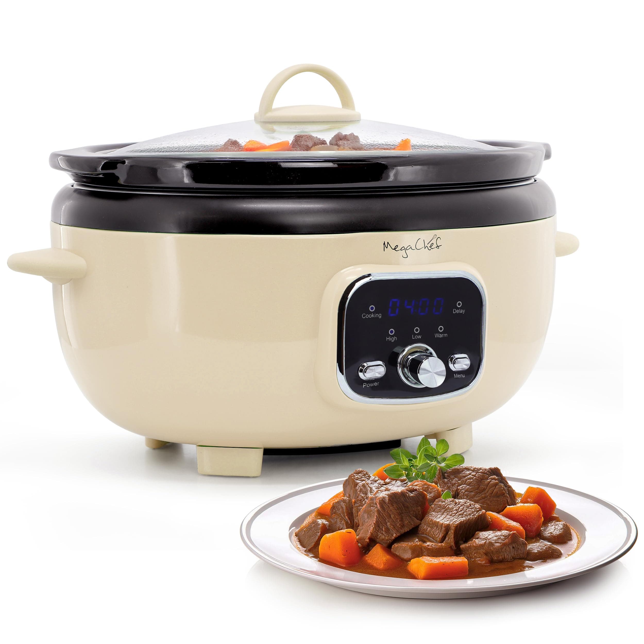 MegaChef 3.7 Quart Oval Electric Digital Slow Cooker with Black Stoneware Crock, Adjustable Timer & Temperature Control, Delay, High, Low & Warm Settings - Versatile Cooking Appliance (Cream)