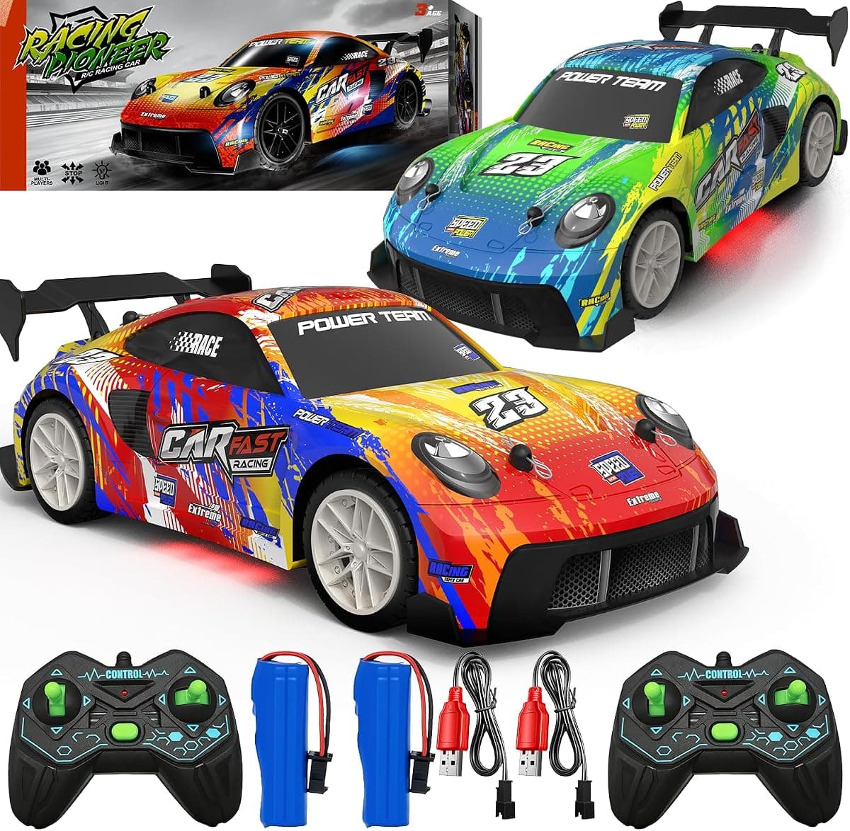 2 Pack RC Cars for Kids and Boys, Girls 4-7-8-12, Remote Control Car, LED Lights, 4WD Racing Cars,2.4GHz Dual Player, Colorful Graffiti Designs, Ideal Fun Easter Gift for Kids