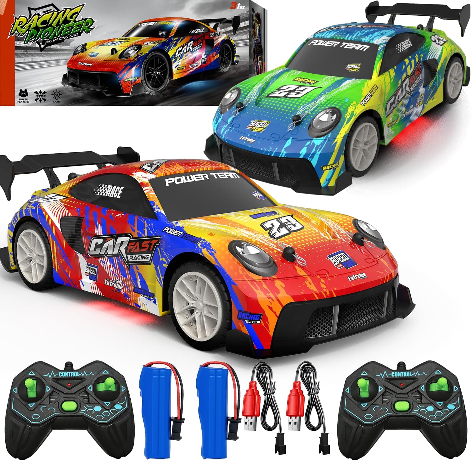 2 Pack RC Cars for Kids and Boys, Girls 4-7-8-12, Remote Control Car, LED Lights, 4WD Racing Cars,2.4GHz Dual Player, Colorful Graffiti Designs, Ideal Fun Easter Gift for Kids