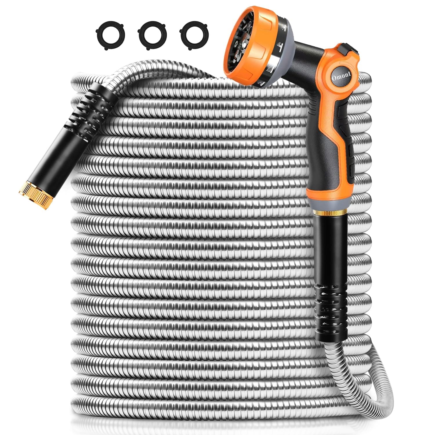 Omont Metal Garden Hose 50FT, Heavy Duty 304 Stainless Steel Water Hoses with Nozzle, Flexible Garden Hose, Lightweight, Rust Proof, No-Kink & Tangle for Yard, Outdoor, RV