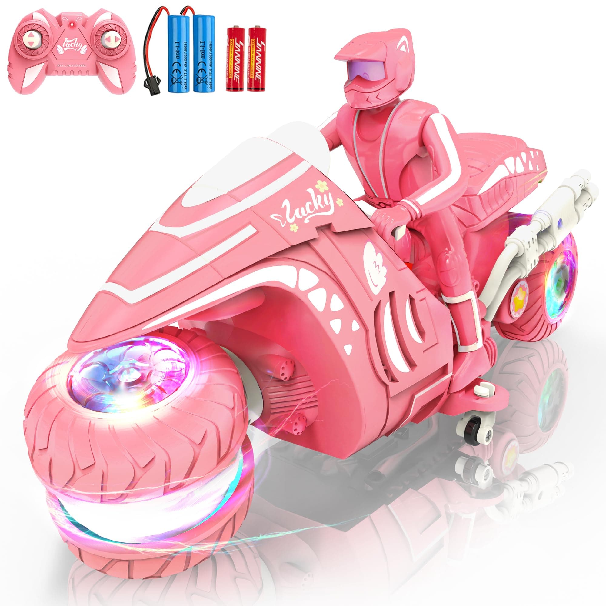 RC Motorcycle Toy with RGB Wheels Light, 360° Rotation High Speed Remote Control Dirt Bike with Rider, 2.4Ghz Off-Road Kids' Play Motorcycles for Girls Boys Age 5-12