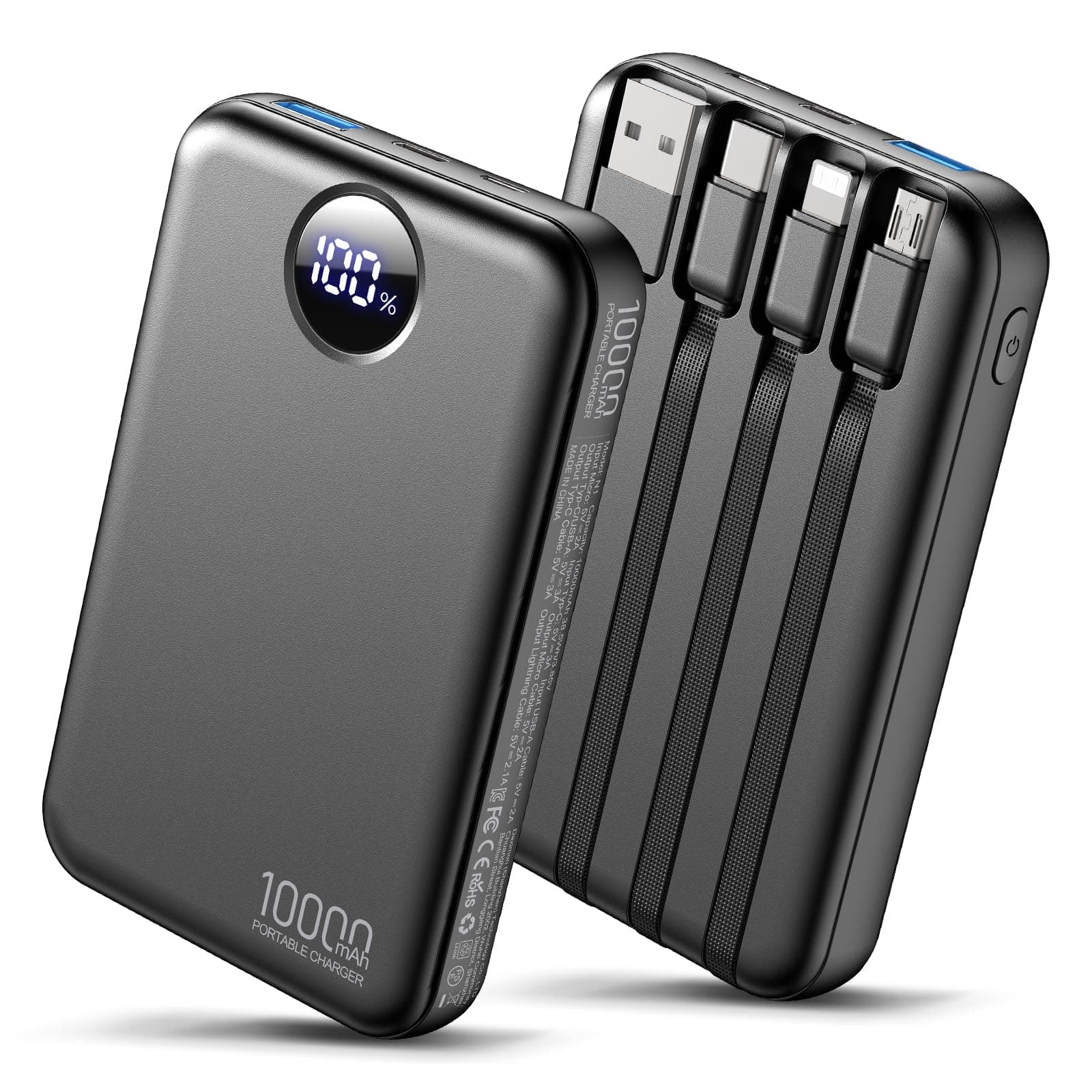 Portable Charger with 4 Built-in Cables Power Bank 40% Smaller 10000mAh Fast Charging Battery Pack,LED Display Compact with Multiple USB Ports Travel Charger for iPhone Other Devices-Black