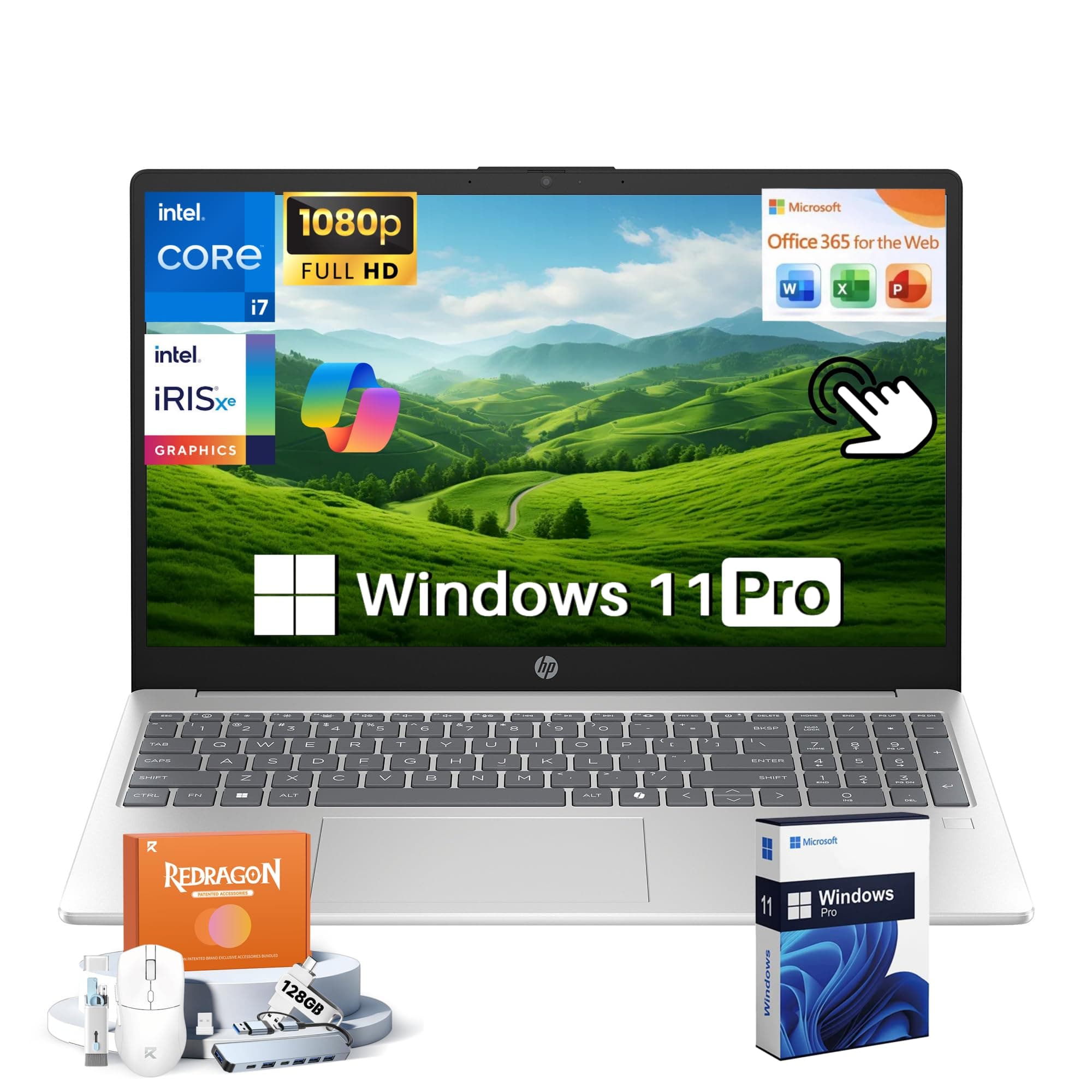 HP 15.6 Touchscreen Laptop, Intel 13th Gen i7-1355U, Free Office 365 for The Web, 20GB RAM, 512GB SSD, 15.6" FHD Display, Fast Charge, Windows 11 Pro, Wi-Fi 6, for Business & Student, Accessories