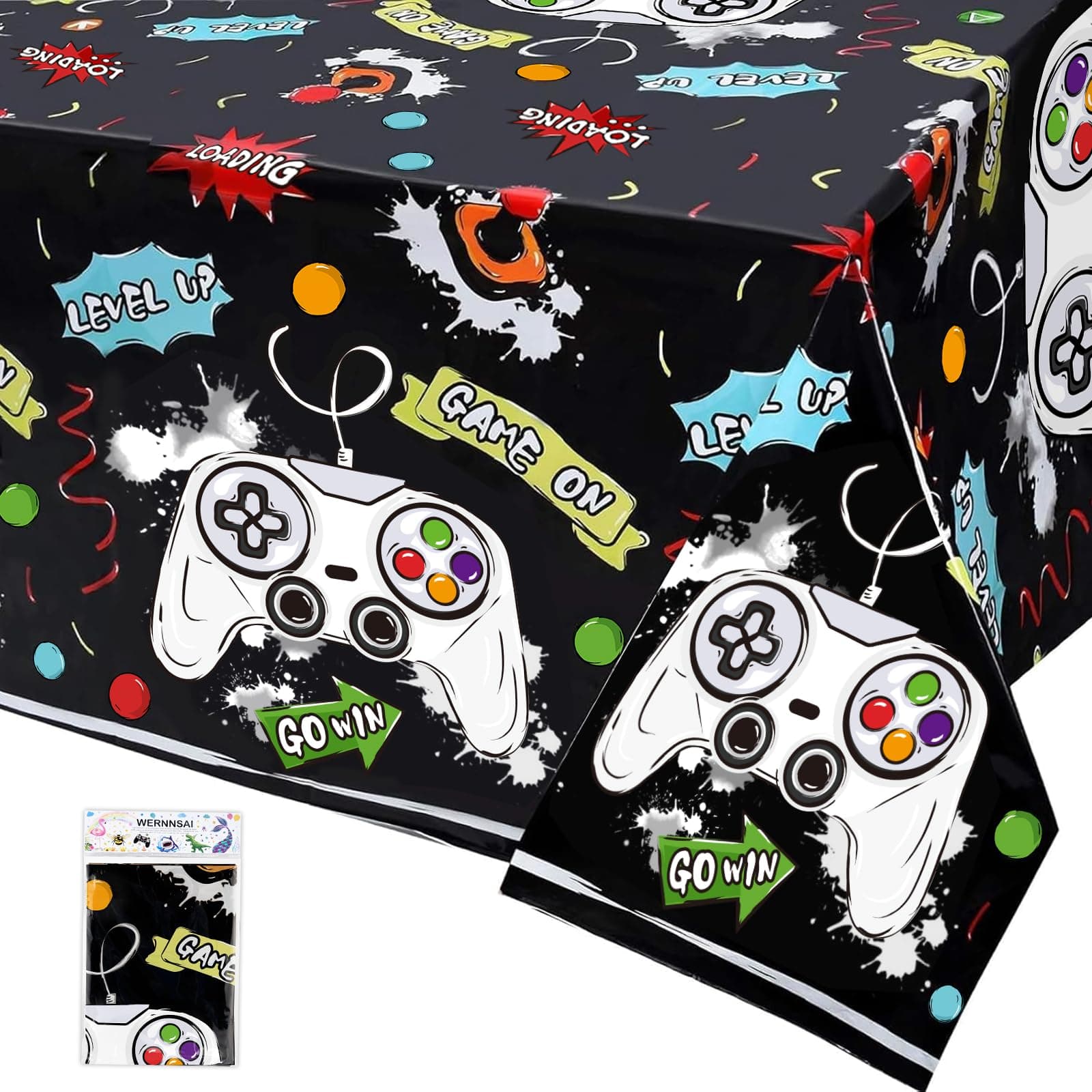 WERNNSAI 1 Pack Video Game Table Cloth - Game Birthday Decorations Black Gaming Party Tablecloth Birthday Decorations for Boys Kids Gamer Gaming Night Party Favors 54'' x 108''