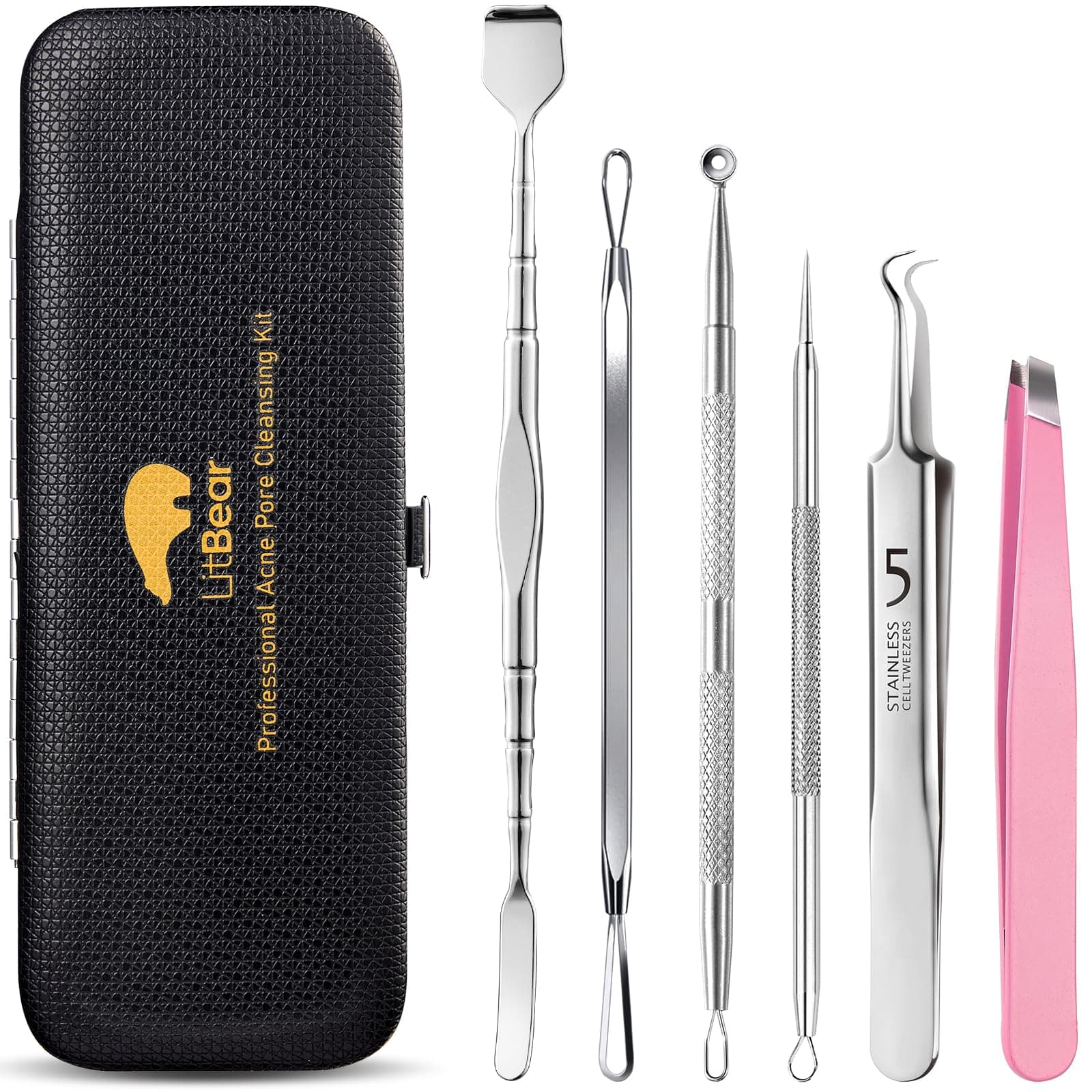 Litbear 6 Pcs Blackhead Remover Tools,Pimple Popper Tool Kit,Blackhead Pimple Comedones Extractor,Acne Tools Extractor kit, Scraper for Face Nose Deep Cleansing with Leather Case