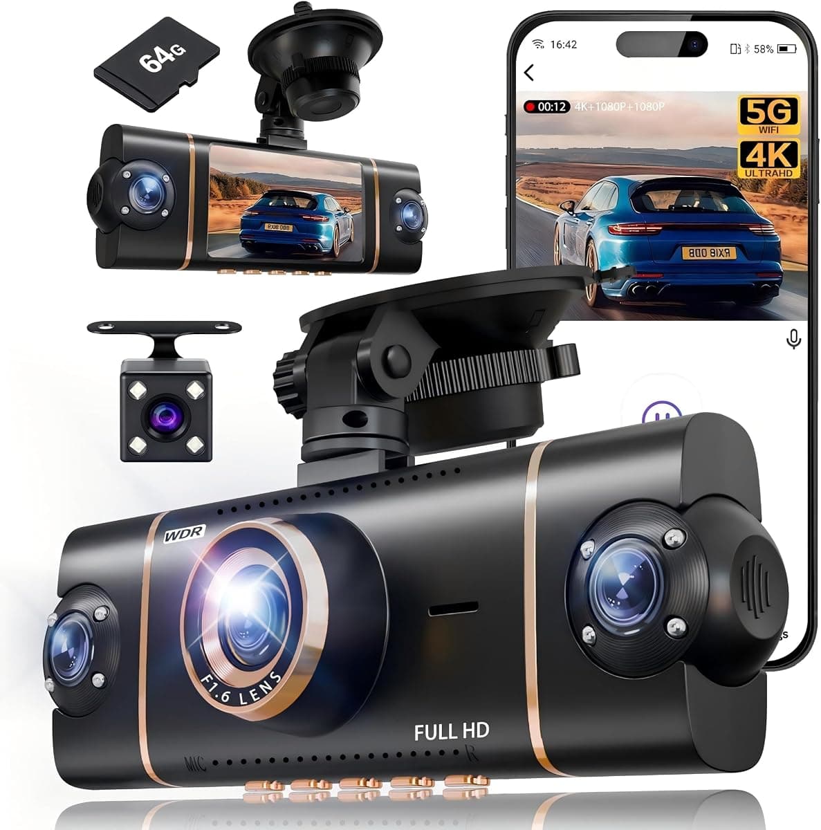 4 Channel 360° Dash Cam Front Rear Inside and Left Right, 4K+1080P*3 FHD Car Camera, 5GHz WiFi and App Control, 24H Parking Mode, 8 IR Lamps Night Vision, Includes 64GB SD Card, Black