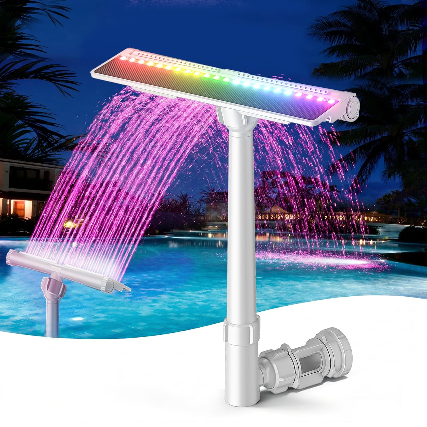 Solar Pool Fountain for Above Ground and Inground Pools with 9-Color Auto-Sensing Lights, High-Pressure Dual Spray Waterfall and 360° Adjustable Sprinkler Cools by 10-20°F for Relaxation