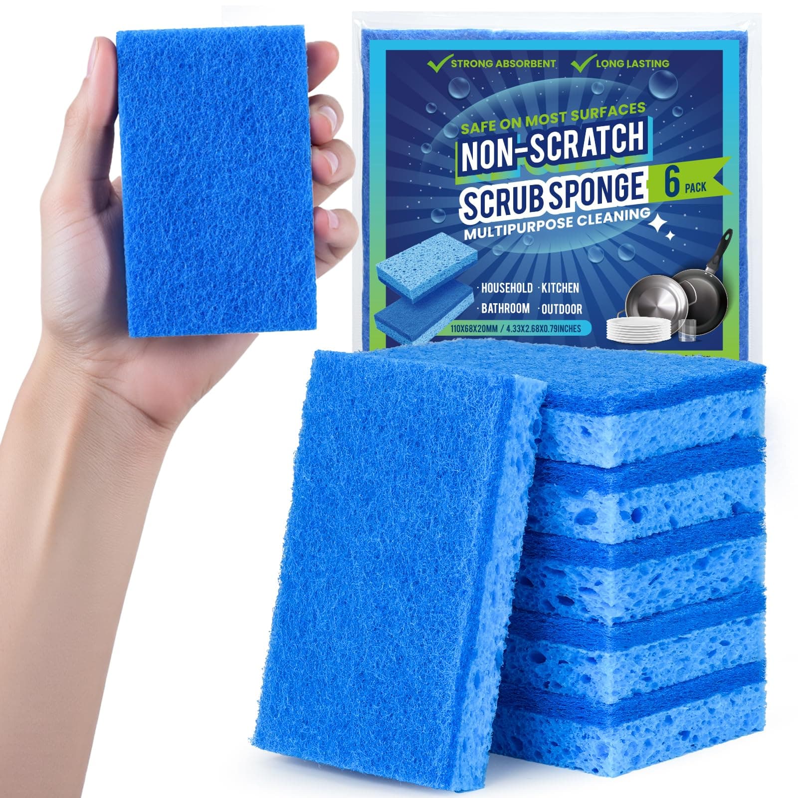 Metflavor Kitchen Sponges, 6 Count, Non-Scratch Scrub Sponge, Dual Sided Cleaning Sponges for Dishes, Kitchen, Bathroom