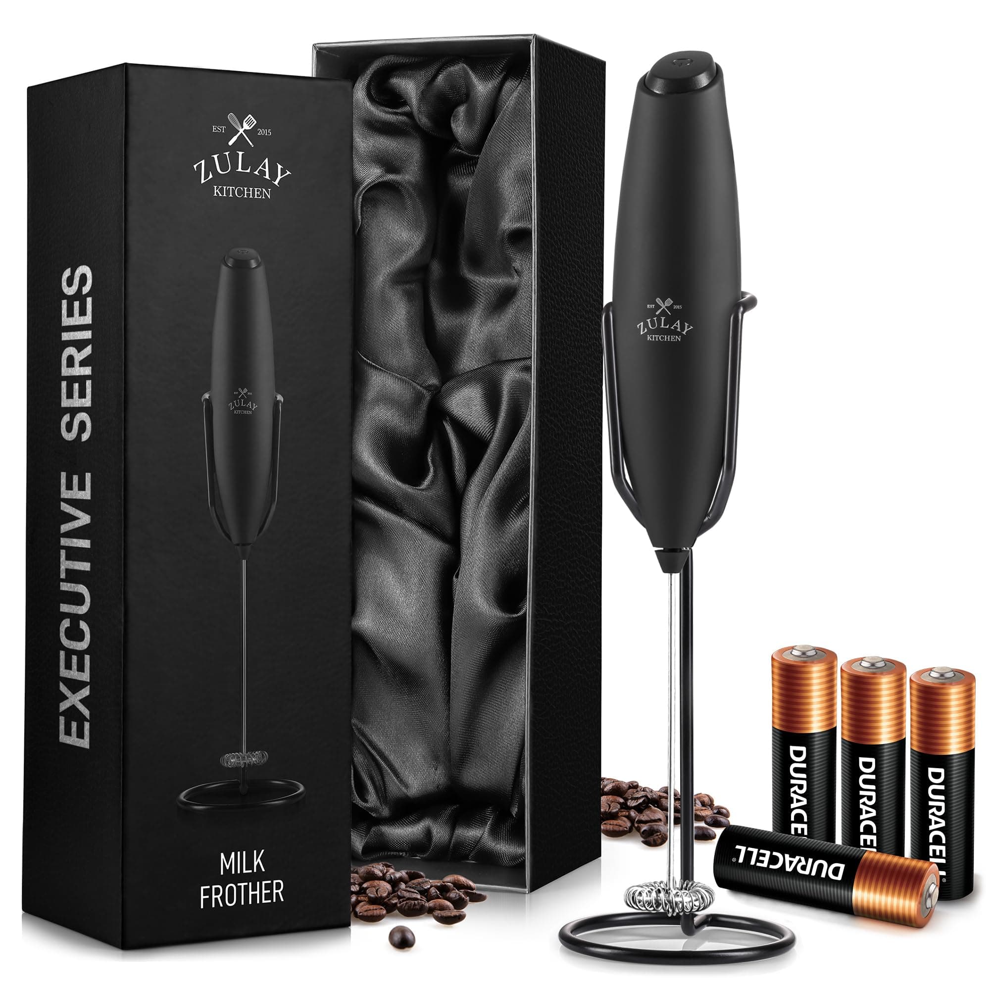 Zulay Kitchen Executive Series Milk Frother Wand - Upgraded & Improved Stand - Ideal Coffee Gift - Coffee Frother Handheld Foam Maker For Lattes - Electric Milk Frother Handheld For Cappuccino