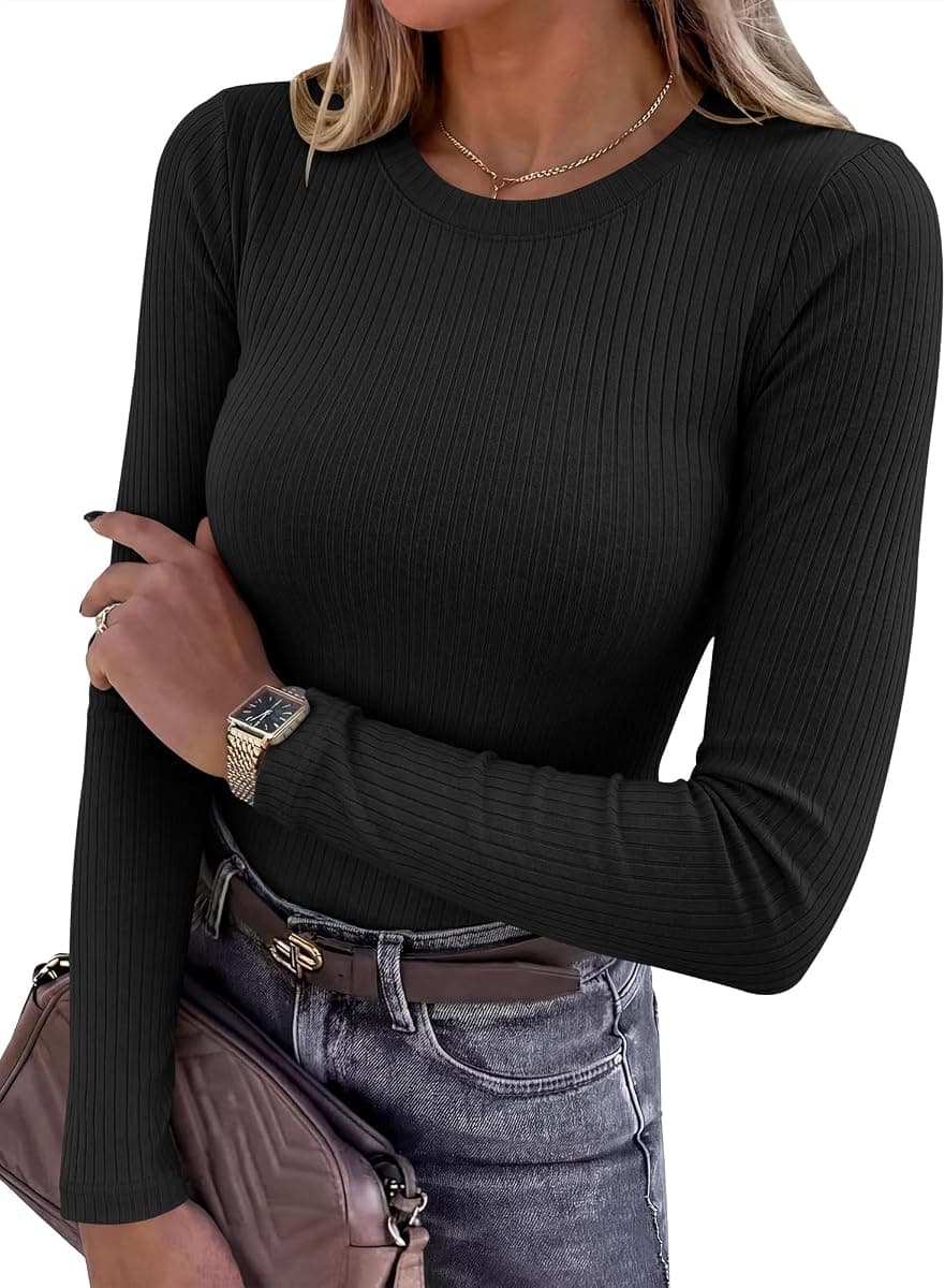 ANRABESS Ribbed Slim Fit Long Sleeve Shirts for Women | Soft Stretchy Basic Crewneck Tops, Business Casual & Work & Travel Everyday Wear, Fall Winter Trendy Layering Tees