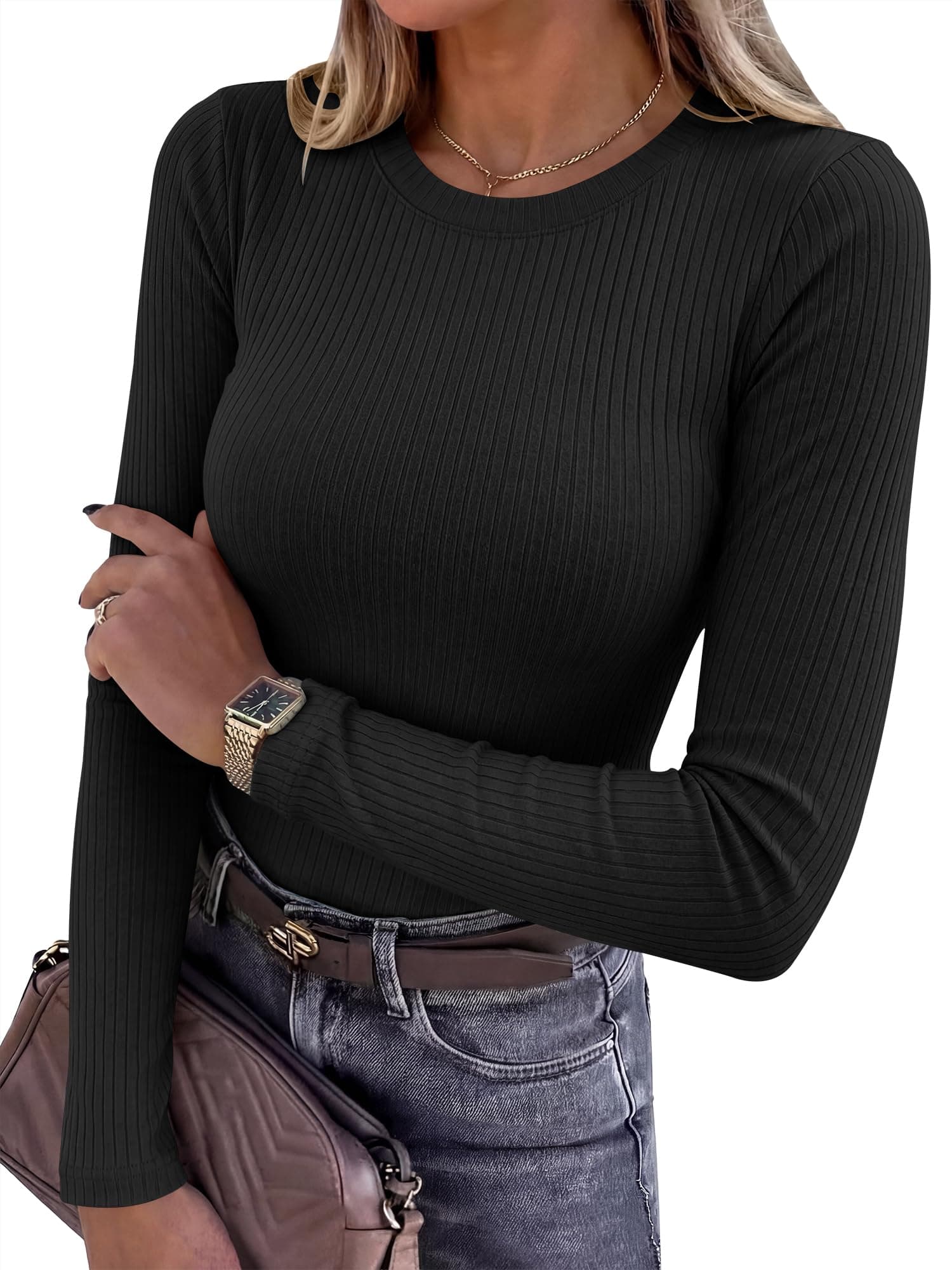 ANRABESS Ribbed Slim Fit Long Sleeve Shirts for Women | Soft Stretchy Basic Crewneck Tops, Business Casual & Work & Travel Everyday Wear, Fall Winter Trendy Layering Tees