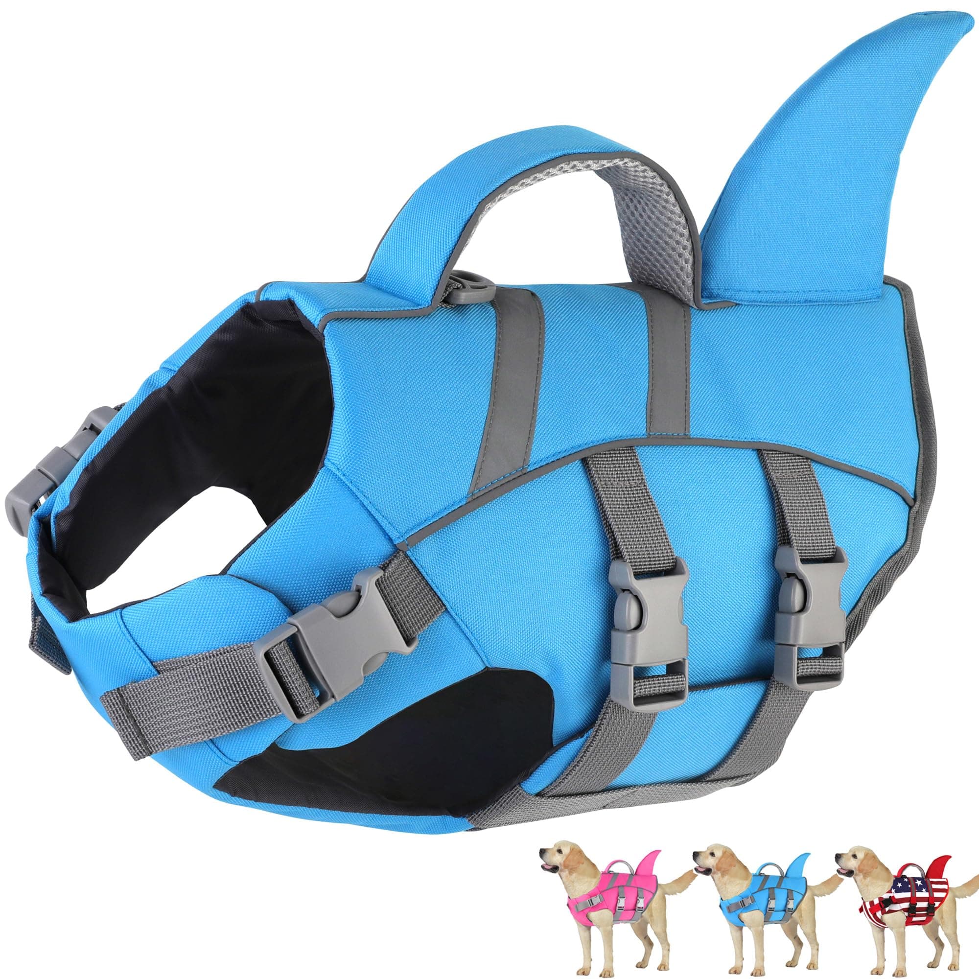 Dogcheer Dog Harness-Style Life Jacket Shark, Reflective Dog Life Vest for Swimming Boating, Adjustable Puppy Swim Vest, Pet Floating Device for Small Medium Large Dogs - Blue, S
