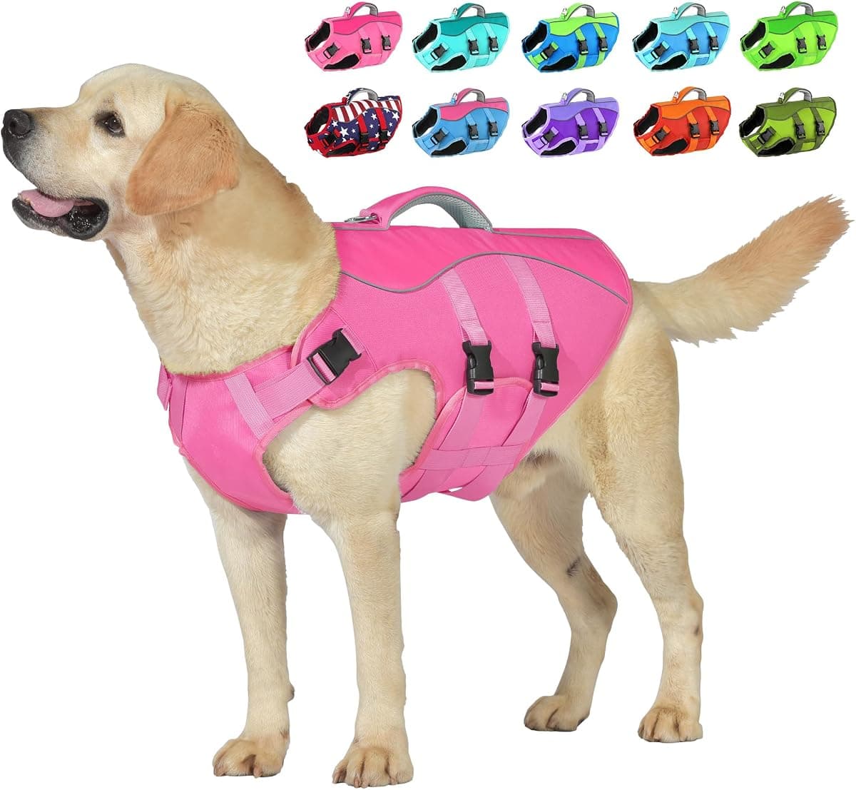 Petglad Dog Life Jacket, High Buoyancy Dog Life Vest with Handle for Swimming Boating, Adjustable Swimming Vest with Reflective Trim for Small Medium Large Dogs - Pink, L