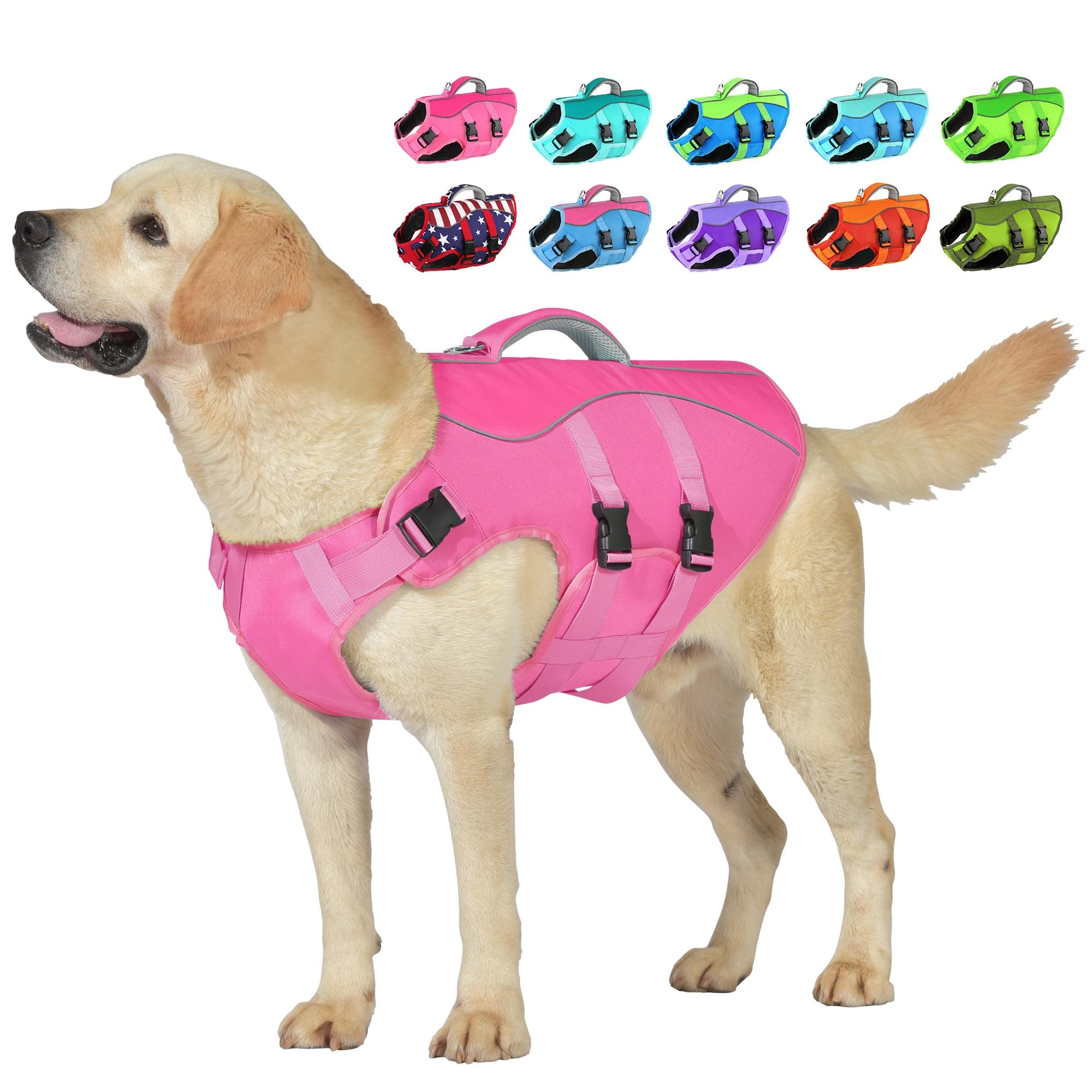 Petglad Dog Life Jacket, High Buoyancy Dog Life Vest with Handle for Swimming Boating, Adjustable Swimming Vest with Reflective Trim for Small Medium Large Dogs - Pink, L