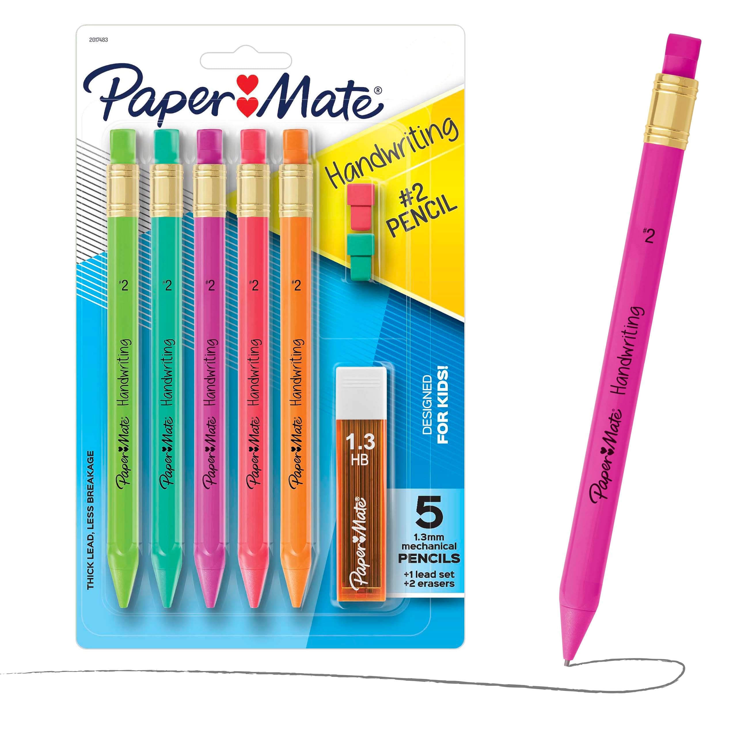 Paper Mate Handwriting Triangular Mechanical Pencils with Lead & Eraser Refills, 1.3mm, Fun Barrel Colors, 5 Count - School Supplies, Kids Writing