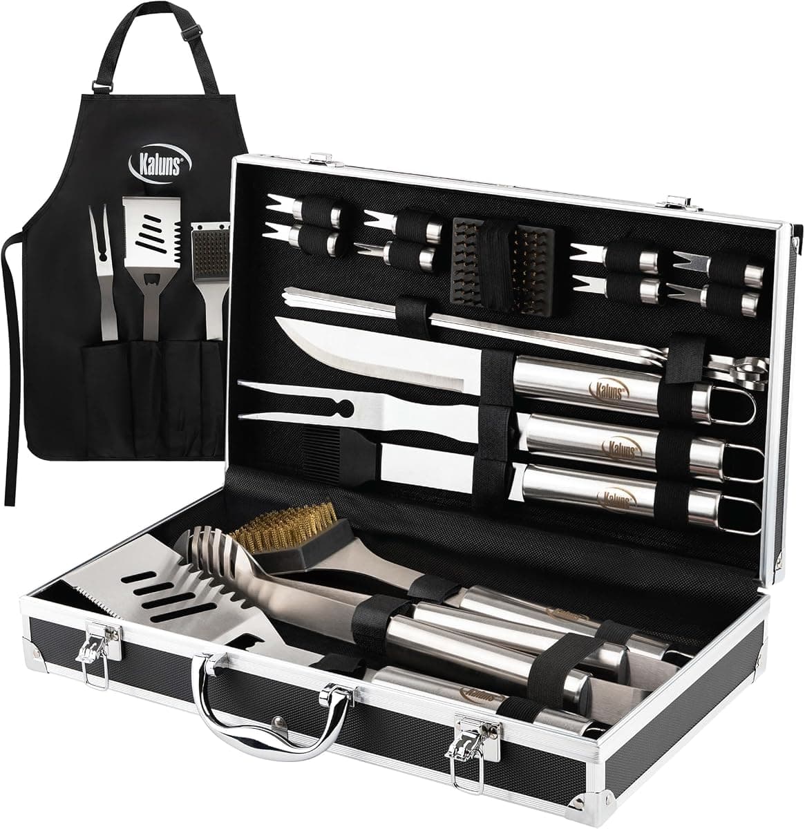 Kaluns Grilling Accessories, Dad Gifts for Fathers Day, Grilling Gifts, Heavy Duty Stainless Steel BBQ Tool Set for Outdoor Grill with Aluminum Case and Apron, Birthday Gifts for Men Women