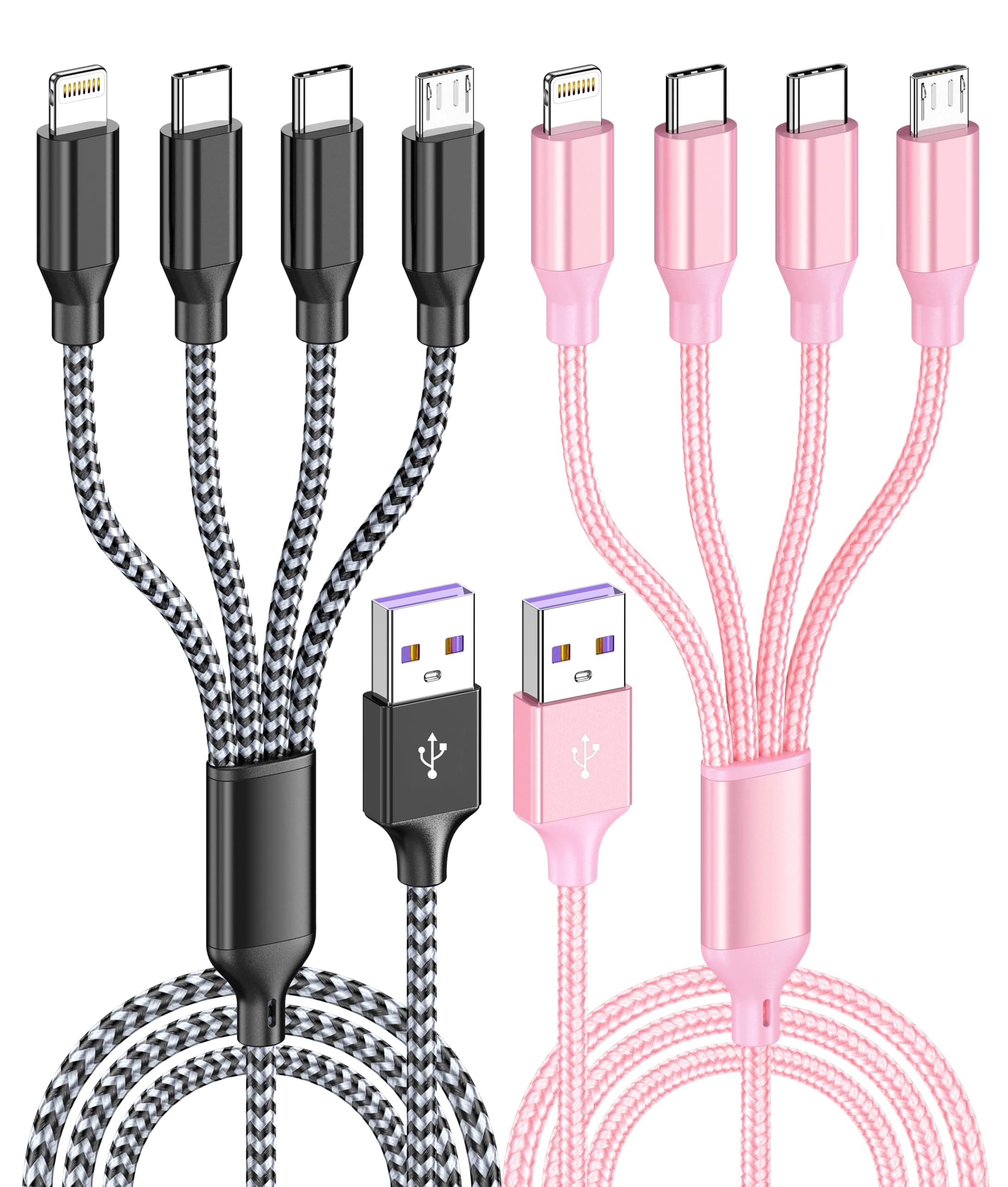 4ft 2 Pack 4 in 1 Multi Charging Cable, IP/Type C Port for iPhone/Android | Travel Essentials Type-C Universal Car Charger Cable,Nylon Braided Lightning Charging Cord,Micro USB Charger Cord-Black&Rose