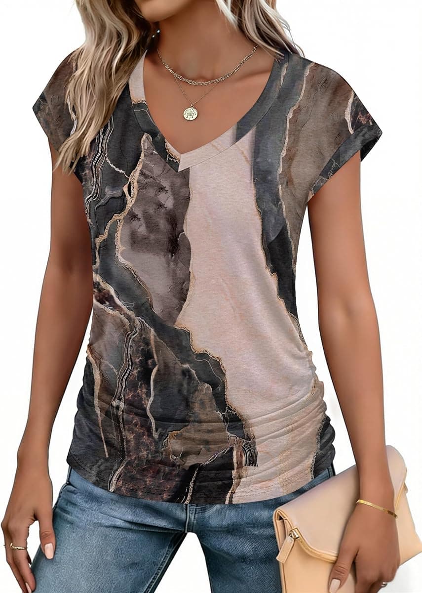 Zeagoo Womens Summer Tshirts Ruched Cap Short Sleeve Tops V Neck Trendy Shirts Fashion Tunics with Side Shirring S-XXL