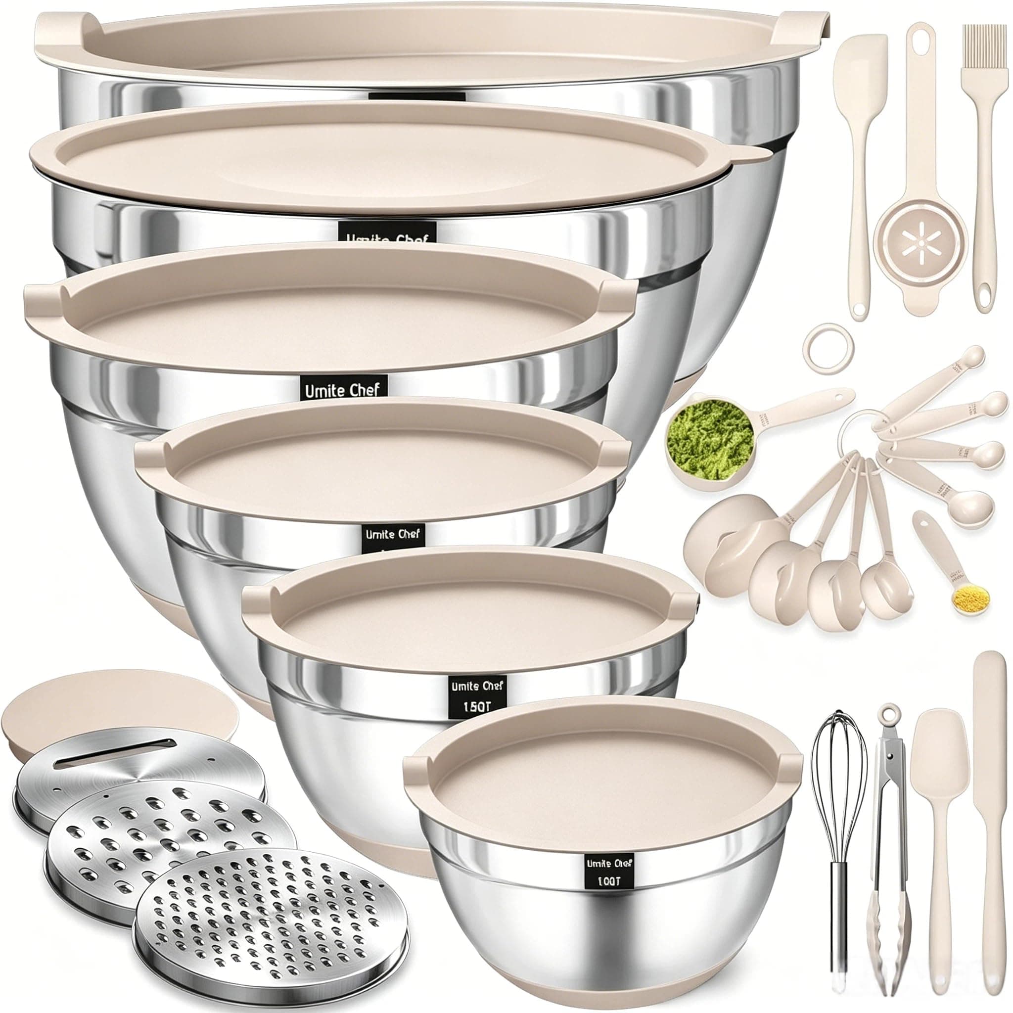 Mixing Bowls with Airtight Lids Set, 26PCS Stainless Steel Khaki Bowls with Grater Attachments, Non-Slip Bottoms & Kitchen Gadgets Set, Size 7, 4, 2.5, 2.0,1.5, 1QT, Great for Mixing & Serving