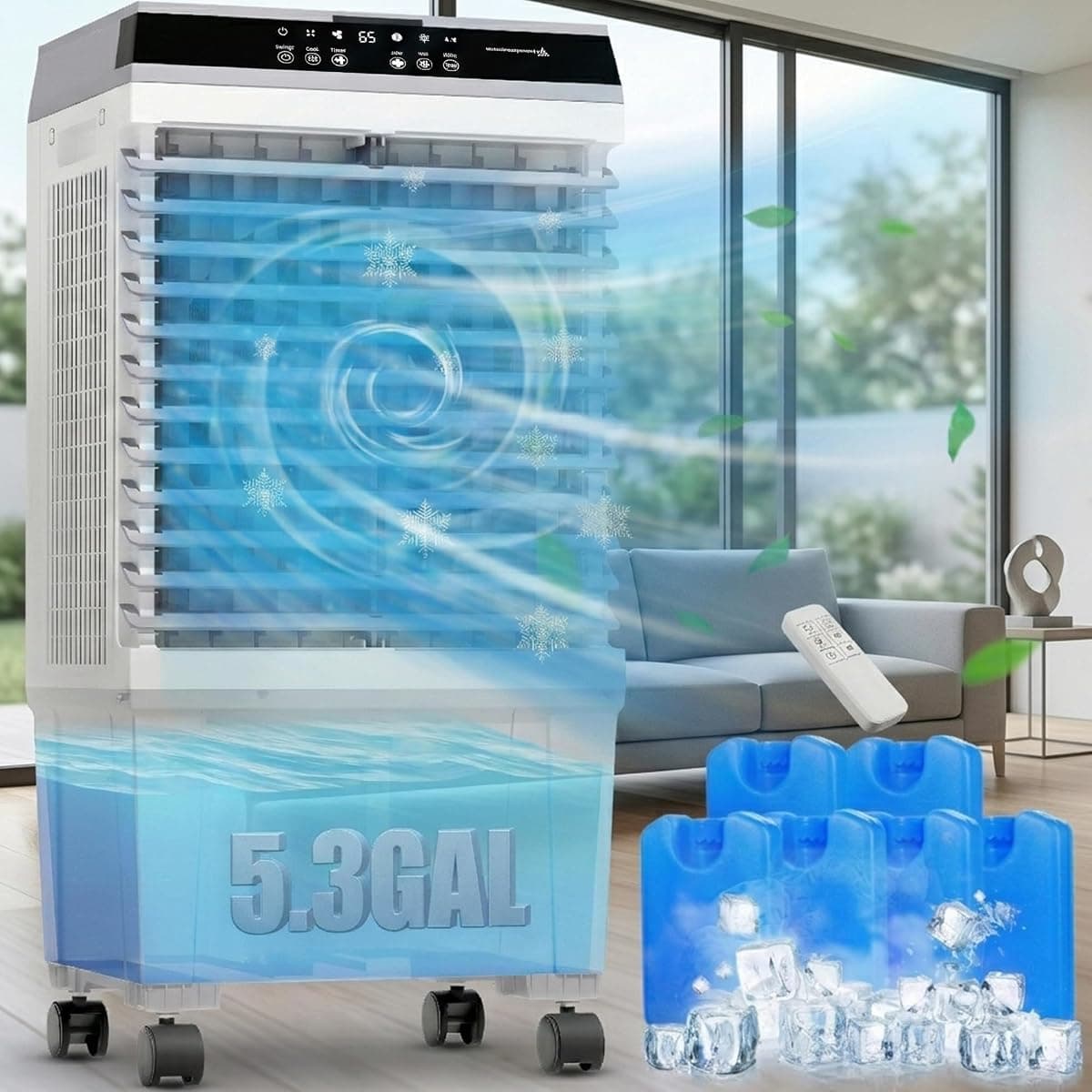 YEW 32" Swamp Cooler Air Conditioner,1800 CFM Portable Evaporative Air Cooler,Cooling Fan for Room Garage Patio,5.3 Gal Water Tank,3 Speeds,6 Ice Boxes,12H Timer,Remote,Grey