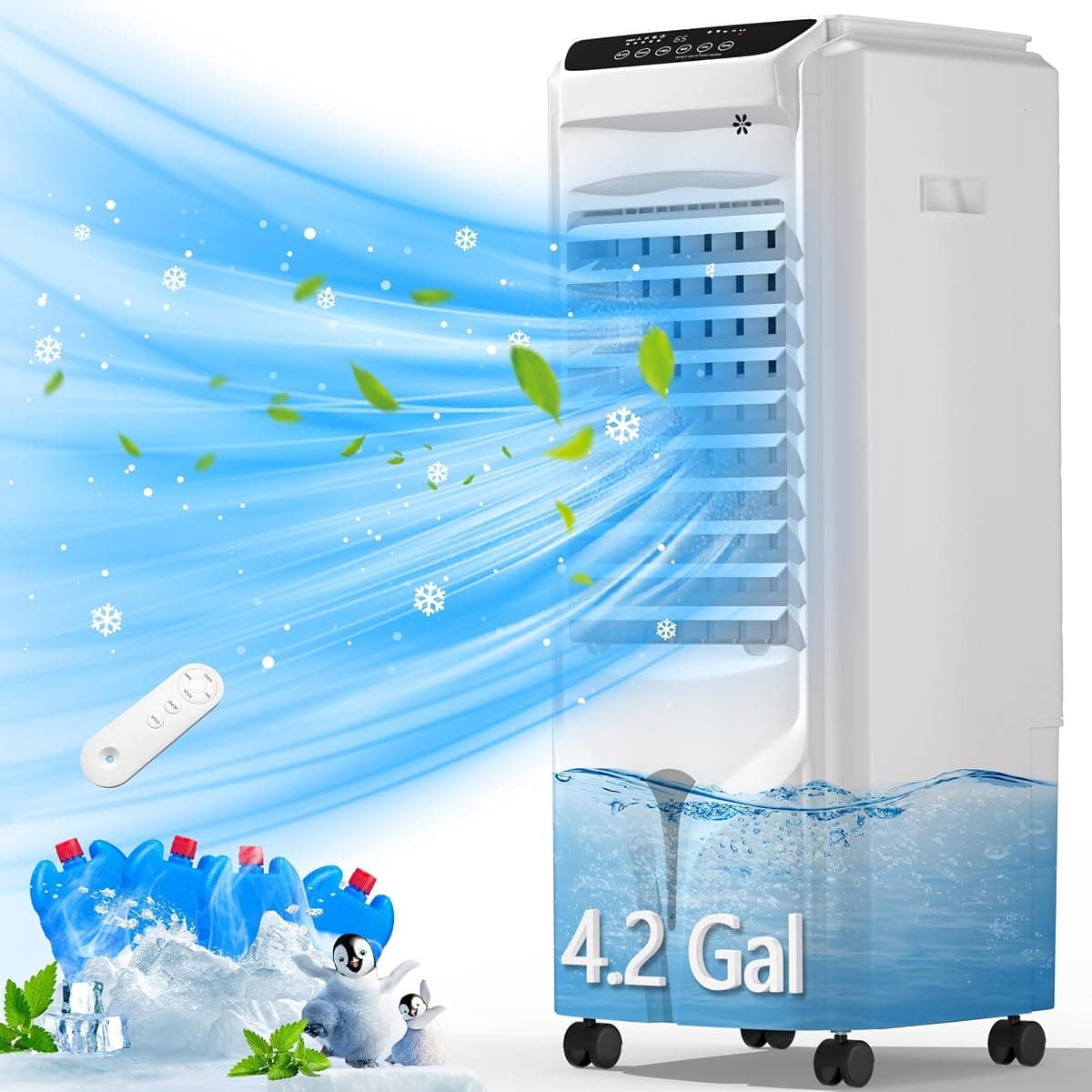 Swamp Cooler, 1800 CFM Windowless Portable Air Conditioner with 4.2 Gal Water Tank,120° Swing, 12H Timer, 3 Modes, 3 Speeds, 3-IN-1 AC Unit, Evaporative Air Cooler for Room,Bedroom,Office,Cloud White
