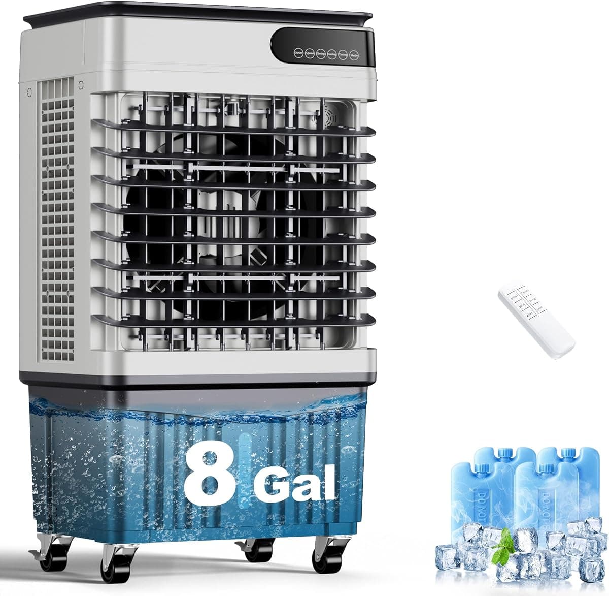 AKIRES 2500CFM Swamp Cooler,Evaporative Air Cooler with 8-Gal Water Tank,4 Ice Packs,Evaporative Cooler for Outdoor Patio Garage Commercial Industrial Use (37IN)
