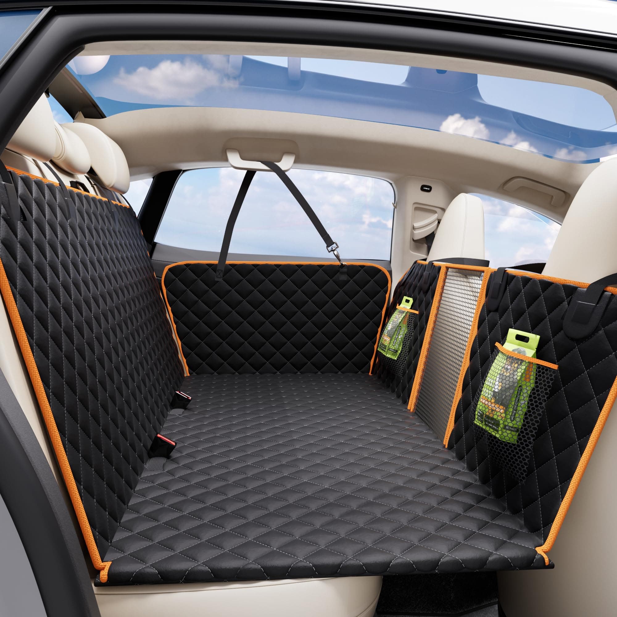 Back Seat Extender for Dogs - Large Space, Heavy-Duty Dog Car Seat Cover for Back Seat with Hard Bottom Holds 420lbs, Waterproof 600D Upgraded Material Dog Hammock for F150, SUVs and Trucks