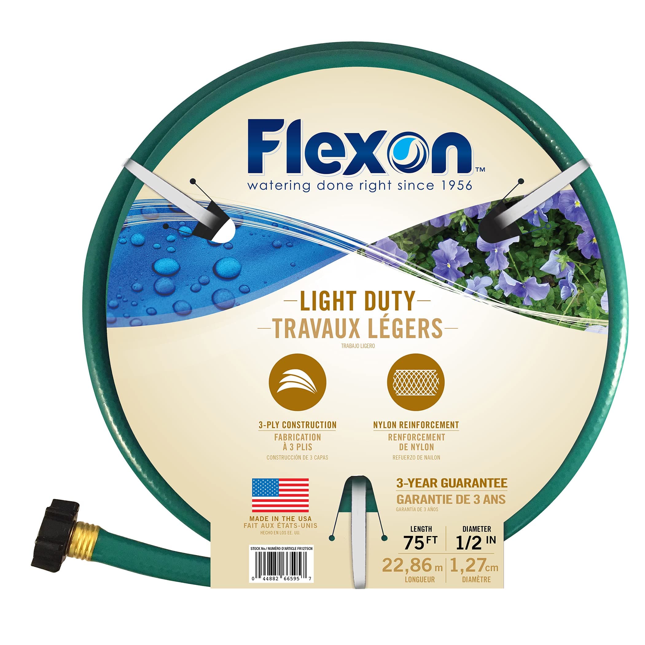 Flexon 1/2" x 75ft Light Duty Garden Hose – Lightweight, Flexible, Kink-Resistant, Durable Vinyl, Leak-Proof Couplings, Weather-Resistant Water Hose for Lawn, Garden, and Outdoor Use