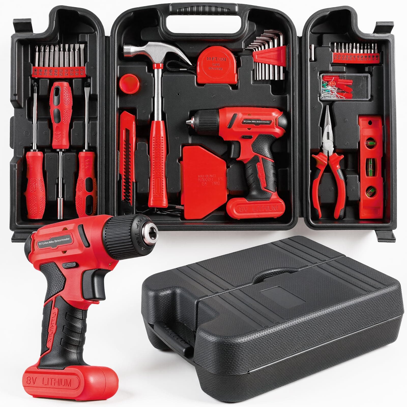 TLGREEN 101 Pcs 8V Cordless Drill and Tool Set, USB-C Rechargeable Power Tool Kit with Brushless Motor & Fast Charge, Lightweight Home Tool Kit for DIY, Repair, and Maintenance with Storage Case（Red)