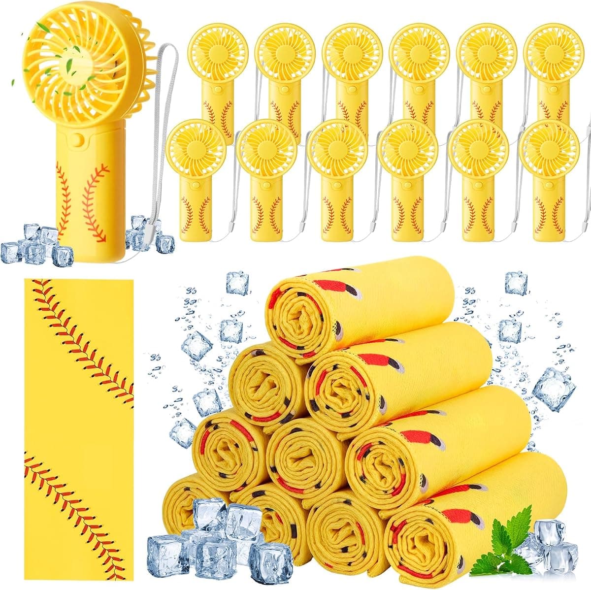 Retisee 24 Pcs Softball Cooling Towel Mini Portable Fan Set 32 x 12 Inch Workout Towels Handheld Battery Powered Fan Sporting Baseball Gifts for Summer Team Gift Travel Camping Makeup Yoga Running