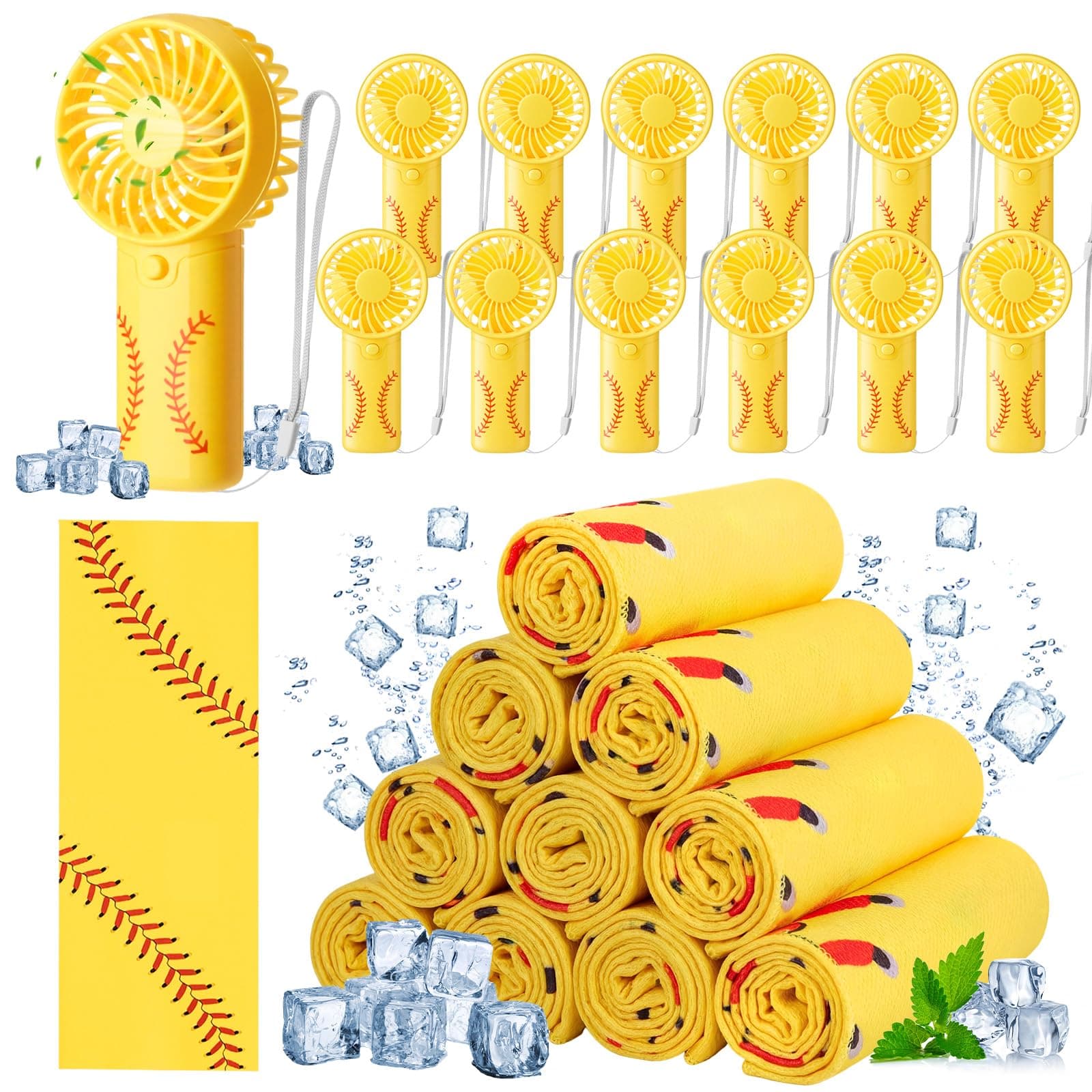 Retisee 24 Pcs Softball Cooling Towel Mini Portable Fan Set 32 x 12 Inch Workout Towels Handheld Battery Powered Fan Sporting Baseball Gifts for Summer Team Gift Travel Camping Makeup Yoga Running