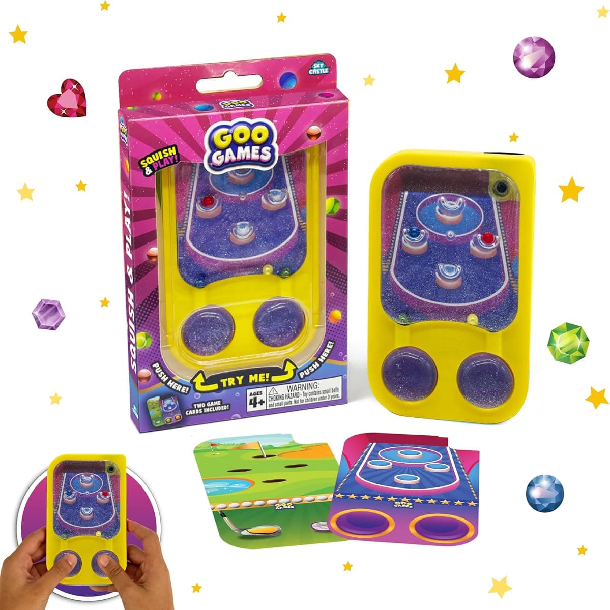 GooGames, Hand-Held Water Games with Floating Treasures, Sensory Fidget Game Adventures, Non-Toxic, No-Mess, Mesmerizing Glitter Fun, 3 Game Cards Included, Refillable, Perfect Travel Toy! (Arcade)