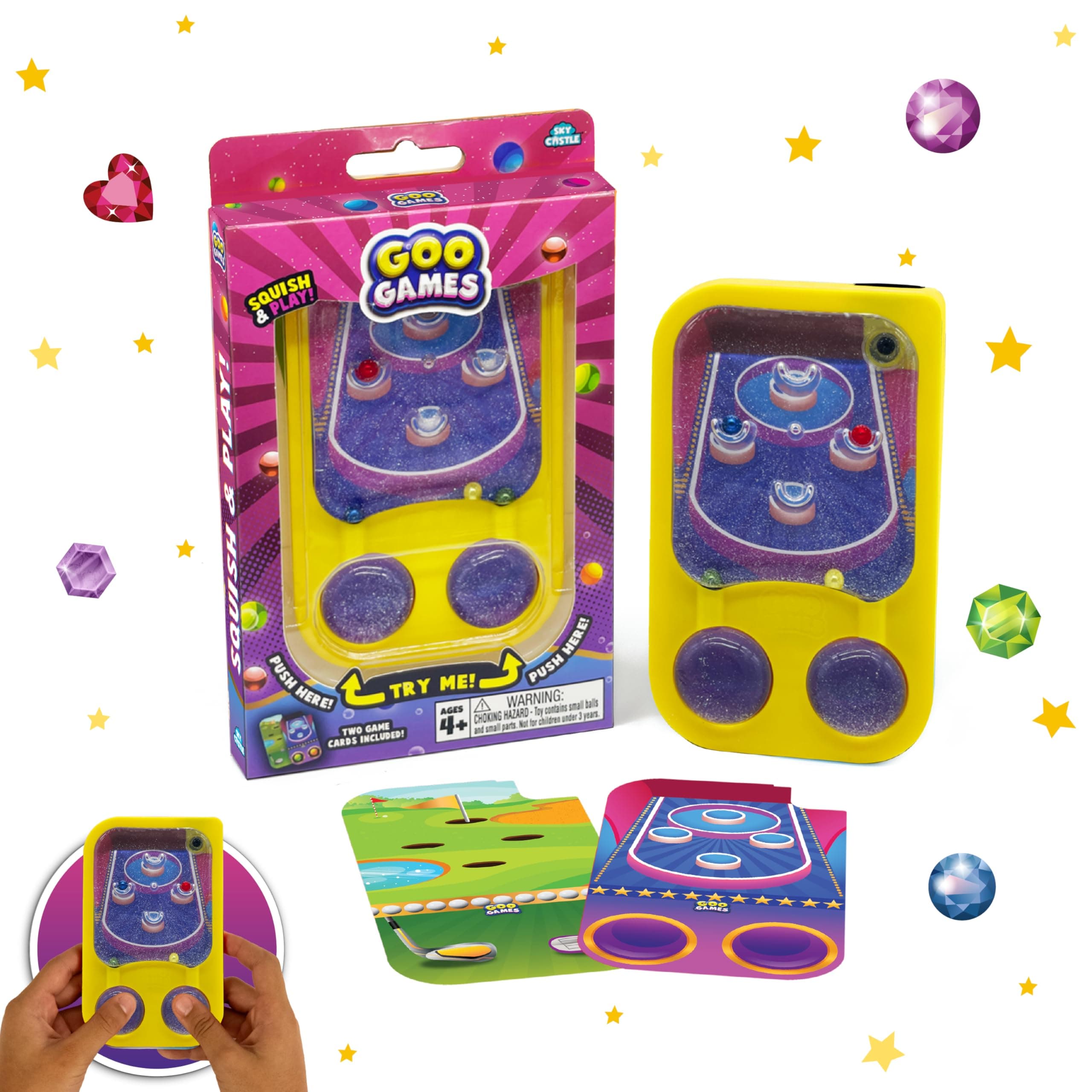 GooGames, Hand-Held Water Games with Floating Treasures, Sensory Fidget Game Adventures, Non-Toxic, No-Mess, Mesmerizing Glitter Fun, 3 Game Cards Included, Refillable, Perfect Travel Toy! (Arcade)