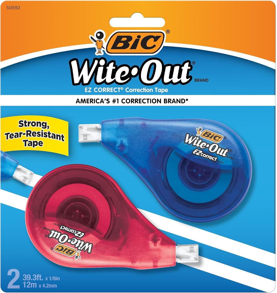BIC Wite-Out EZ Correct Correction Tape, White, No Dry Time, Tear Resistant Tape, 2-Count