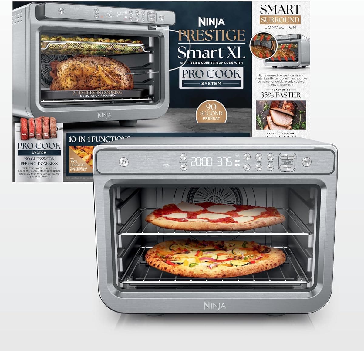 Ninja Prestige Smart XL with Pro Cook System 10 in 1 Digital Countertop Convection Toaster Oven, Air Fry, Air Roast, Broil and Bake, Thermometer, 1800 Watts, Stainless Steel, DT551