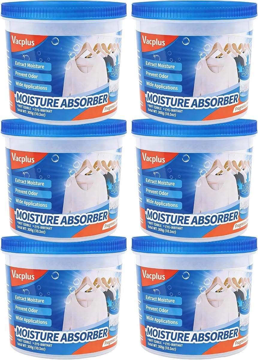 Vacplus Refillable Moisture Absorbers for Closet - Fast-Acting Crystal Dehumidifier for Bathroom, RV & Basement, 10.5 oz Humidity Absorber, 6 Pack, Fragrance Free