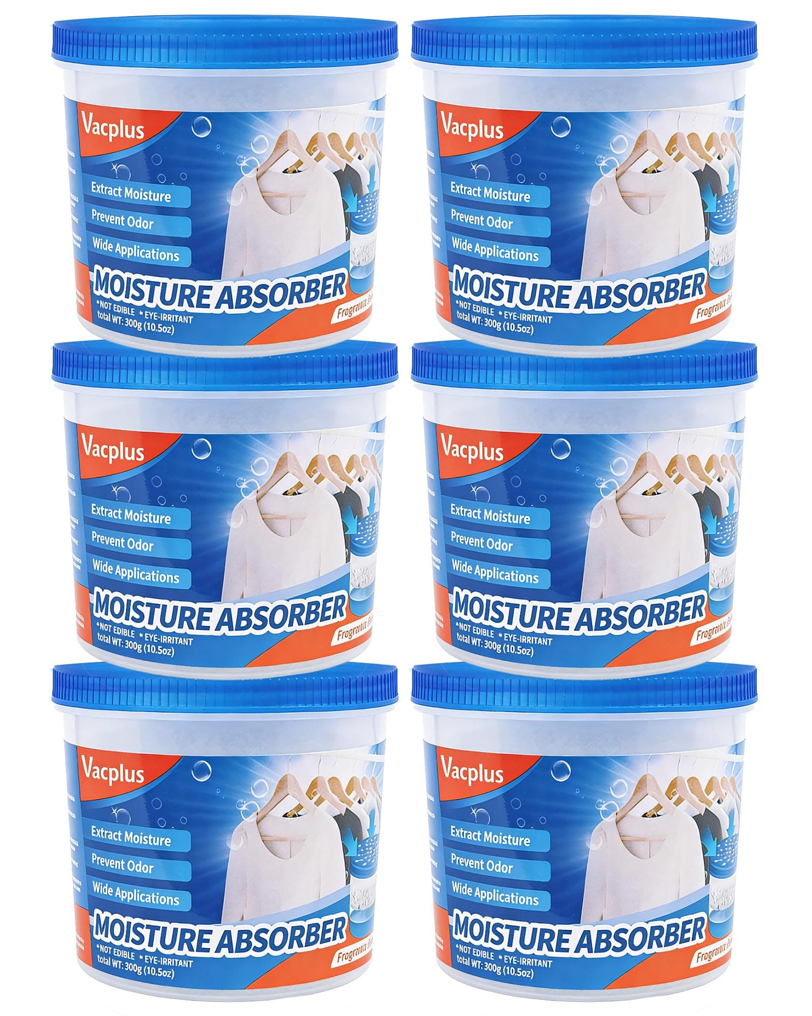 Vacplus Refillable Moisture Absorbers for Closet - Fast-Acting Crystal Dehumidifier for Bathroom, RV & Basement, 10.5 oz Humidity Absorber, 6 Pack, Fragrance Free