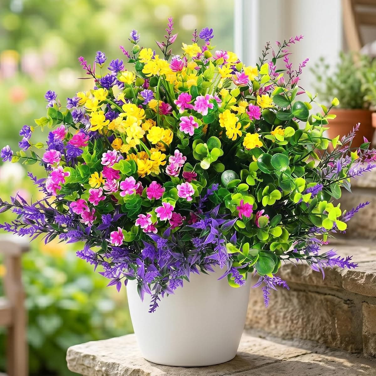 Hananona 12 Pcs Artificial Flowers Outdoor, Faux Artificial Plants UV Resistant Plastic Flower Bulk for Hanging Planter Porch Window Home Wedding Fall Summer Decor (12, Fuchsia, Purple, Yellow, Green)