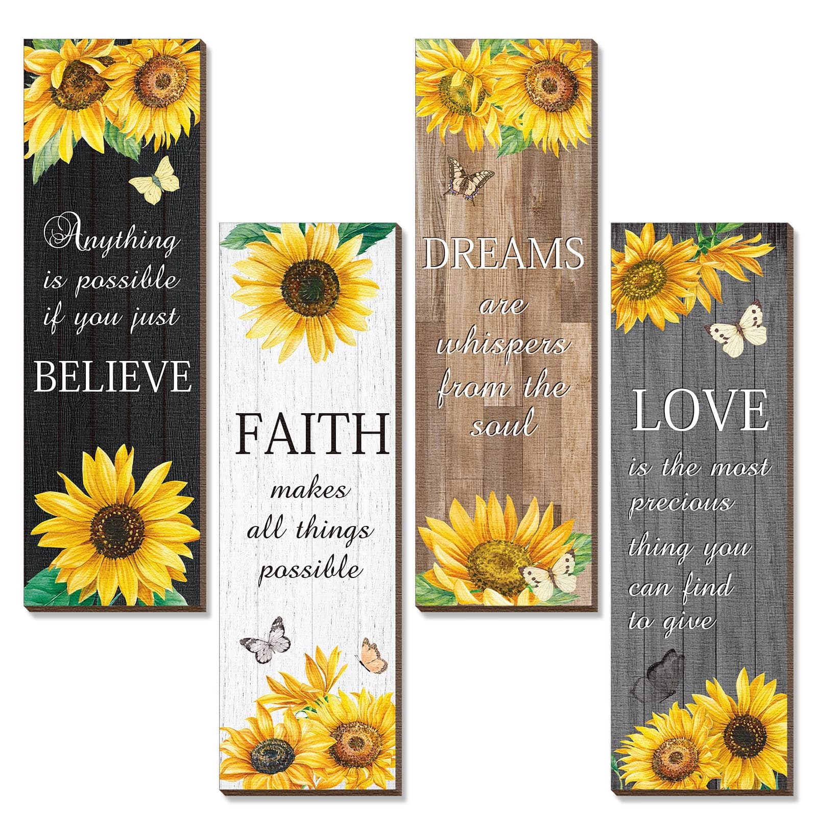 Qunclay 4 Pcs Sunflower Wall Decor Inspirational Sunflower Kitchen Decor and Accessories Wooden Rustic Farmhouse Yellow Flowers Wall Art Decoration for Home Bathroom Office Living Room(Multicolor)