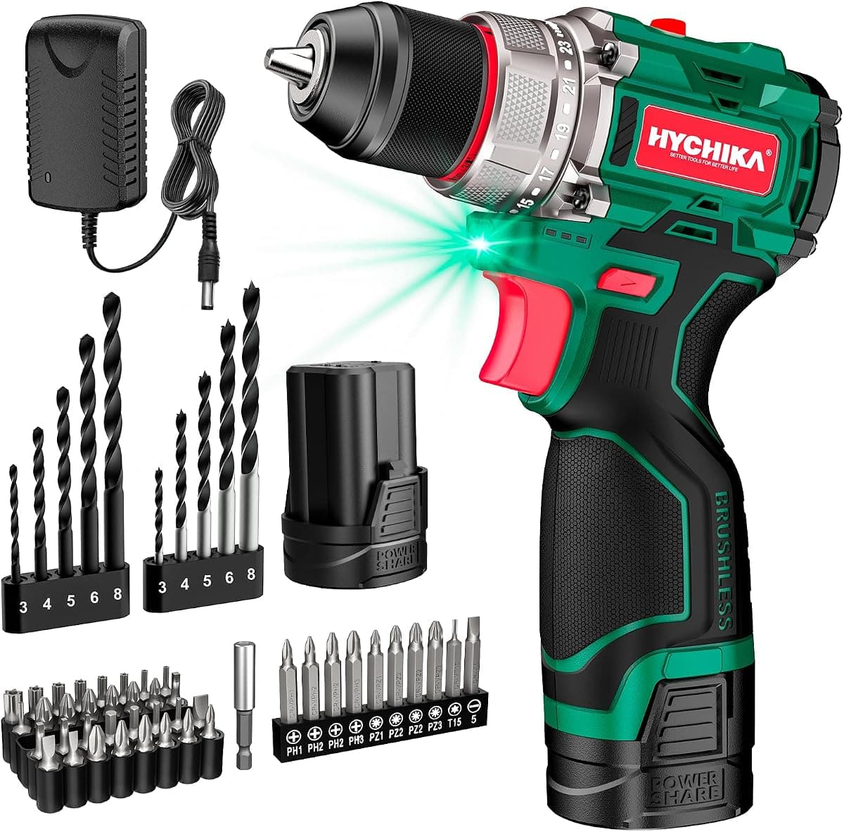 HYCHIKA Drill Set, True Brushless Power Drill Driver 16.8V Cordless Compact Drill Woman Man,410 IN-LB, LED Light,2 Variable Speed 23+1 Torque 3/8" Keyless Chuck, 1 Lithium-Ion Battery