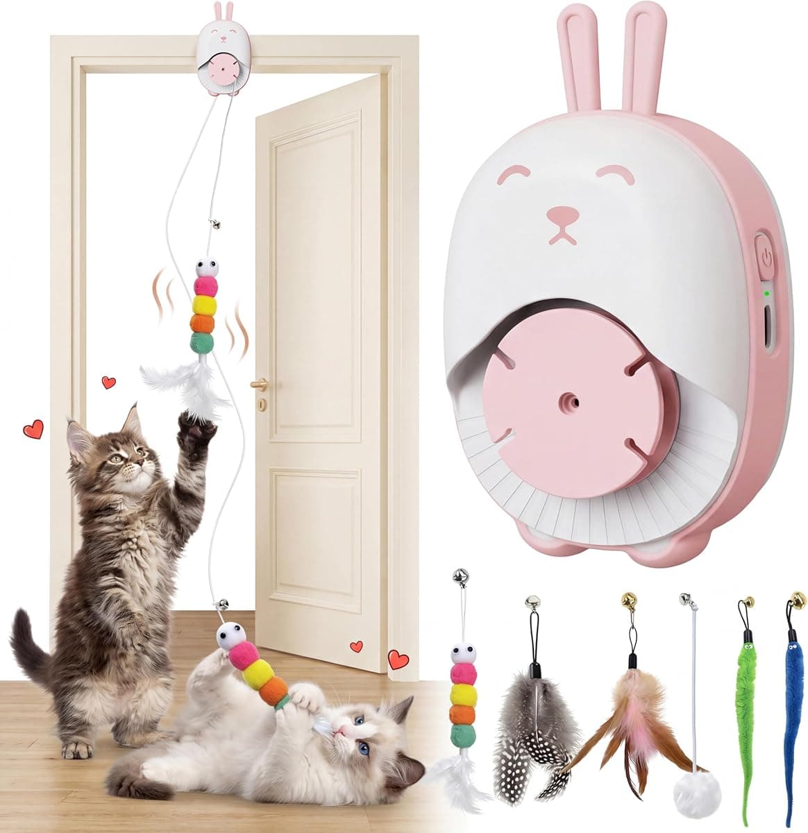 Interactive Cat Toys for Indoor Cats, USB Rechargeable Electric Teaser with Clip, Automatic Cat Toys to Self Play Enrichment Toy for Bored Kittens & Adult Cats (Pink)