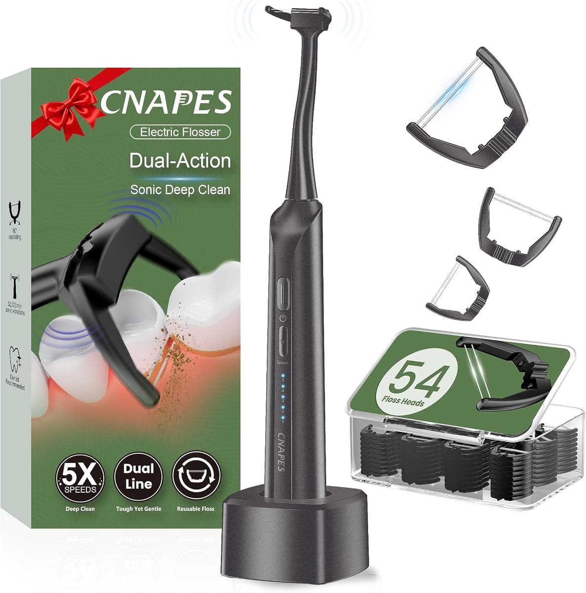 Electric Flosser (Upgraded Dual-Line) - 5 Modes, 5X Cleaning, 54 Reusable Heads, 60-Day Battery, Portable Easy Glide Flossing for Gentle Gum Care, More Effective Than String Water Flosser
