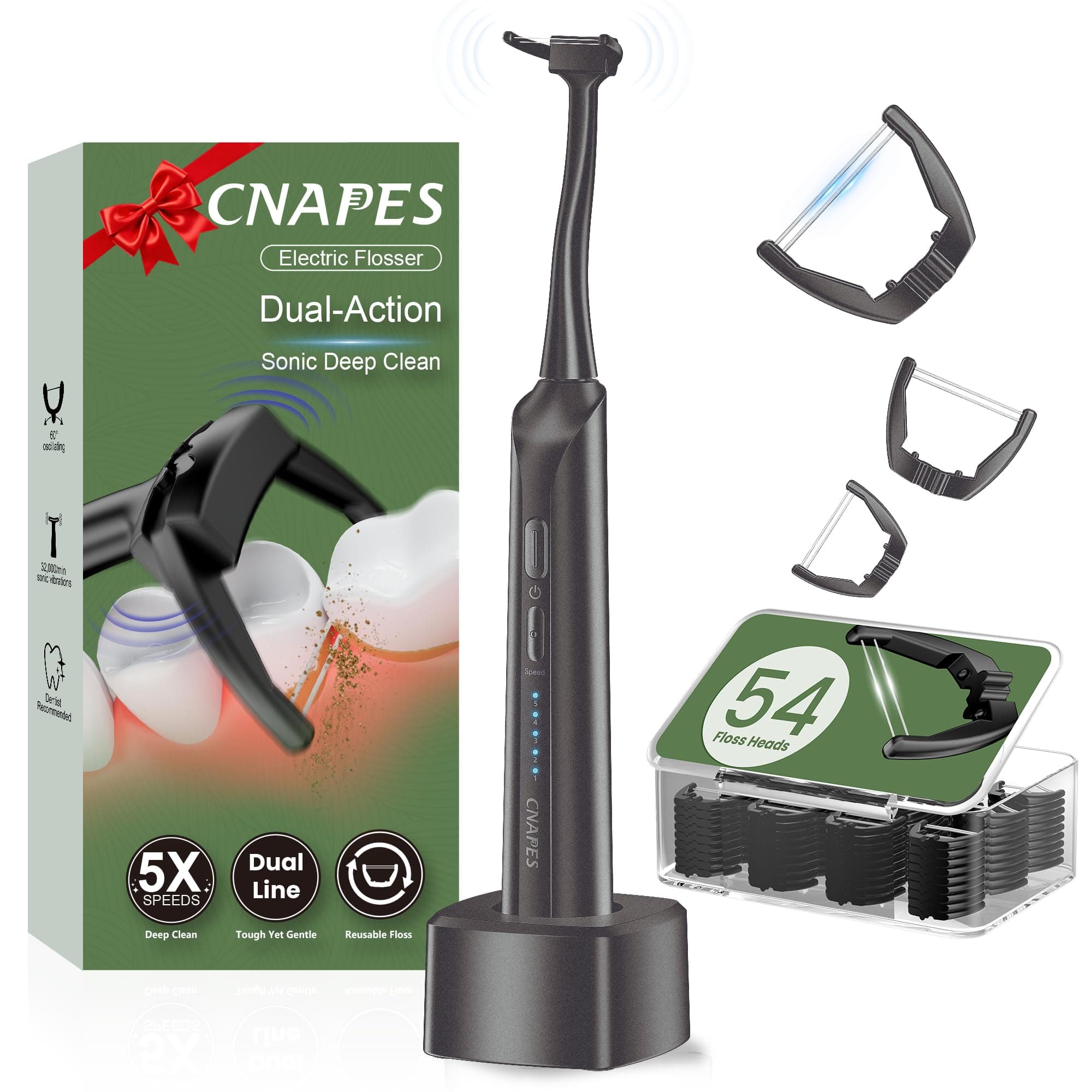 Electric Flosser (Upgraded Dual-Line) - 5 Modes, 5X Cleaning, 54 Reusable Heads, 60-Day Battery, Portable Easy Glide Flossing for Gentle Gum Care, More Effective Than String Water Flosser