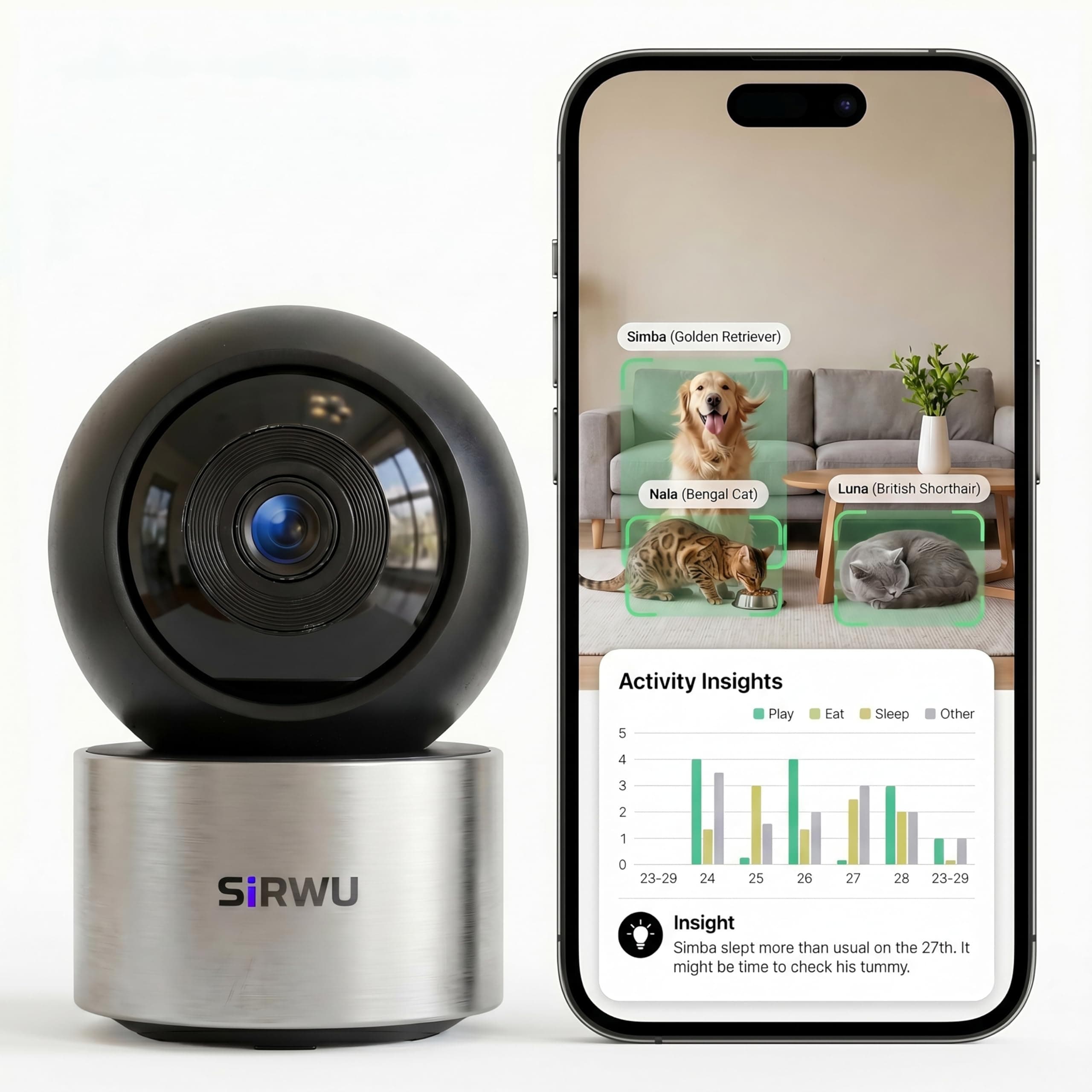 AI Pet Camera Indoor, Multi-Pet Recognition for Up to 6 Pets, 2K 3MP Dog & Cat Camera with 360° Auto Tracking, AI Daily Summaries, Night Vision, 2-Way Audio, 2.4/5GHz WiFi