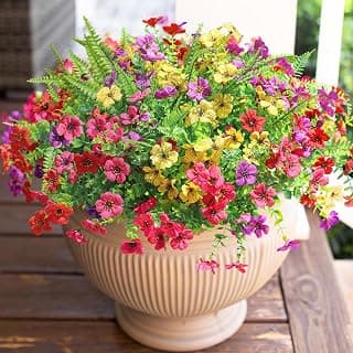 HyeFlora Artificial Faux Outdoor Flowers Plants for Summer Outside Decoration, 14 Bundles Fake Silk Colorful Daisy Ferns UV Resistant Realistic for Front Door Porch Planter Patio Yard